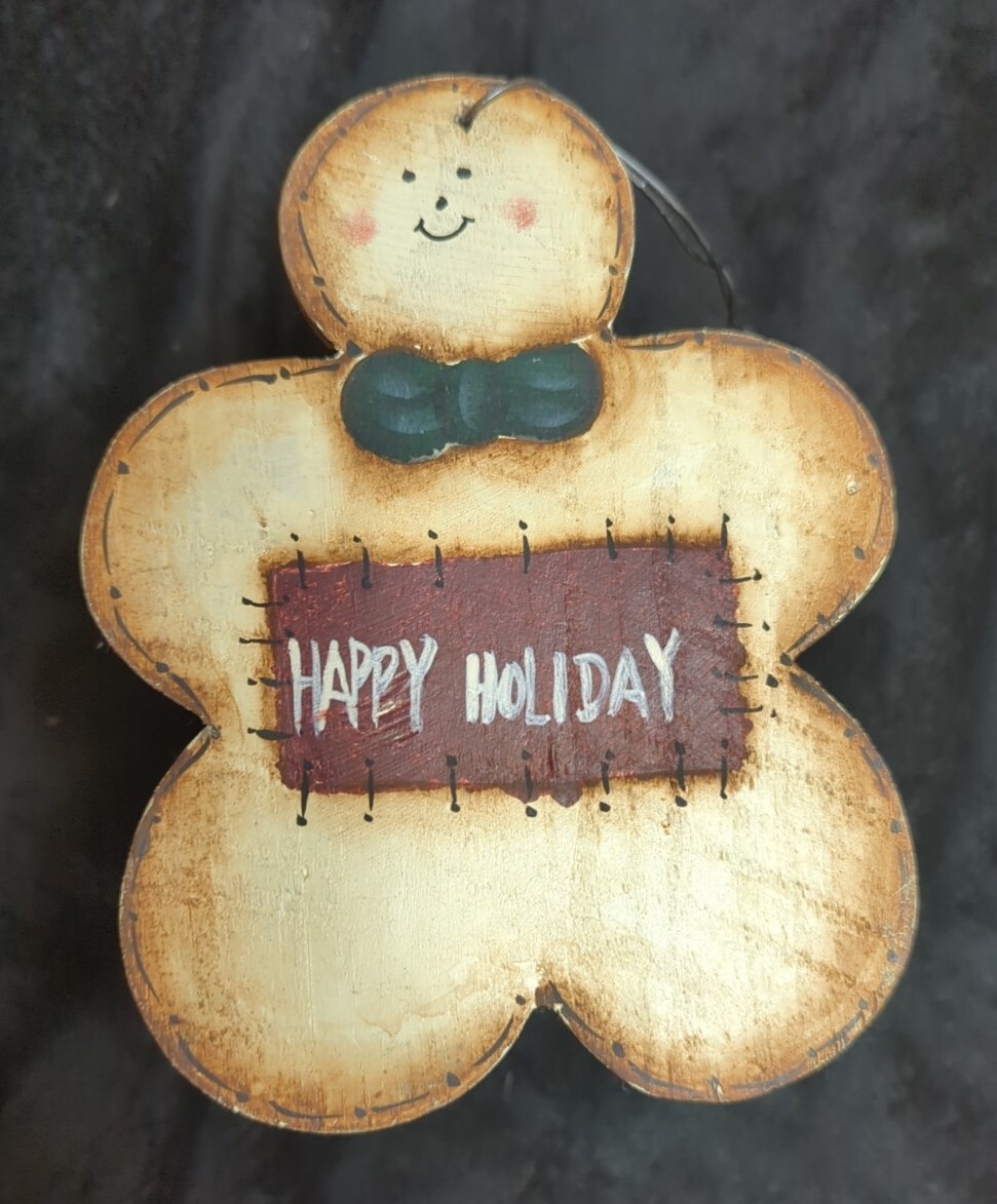 Primitive Rustic GINGERBREAD MAN Basket & Hanging Decorations HAPPY HOLIDAYS