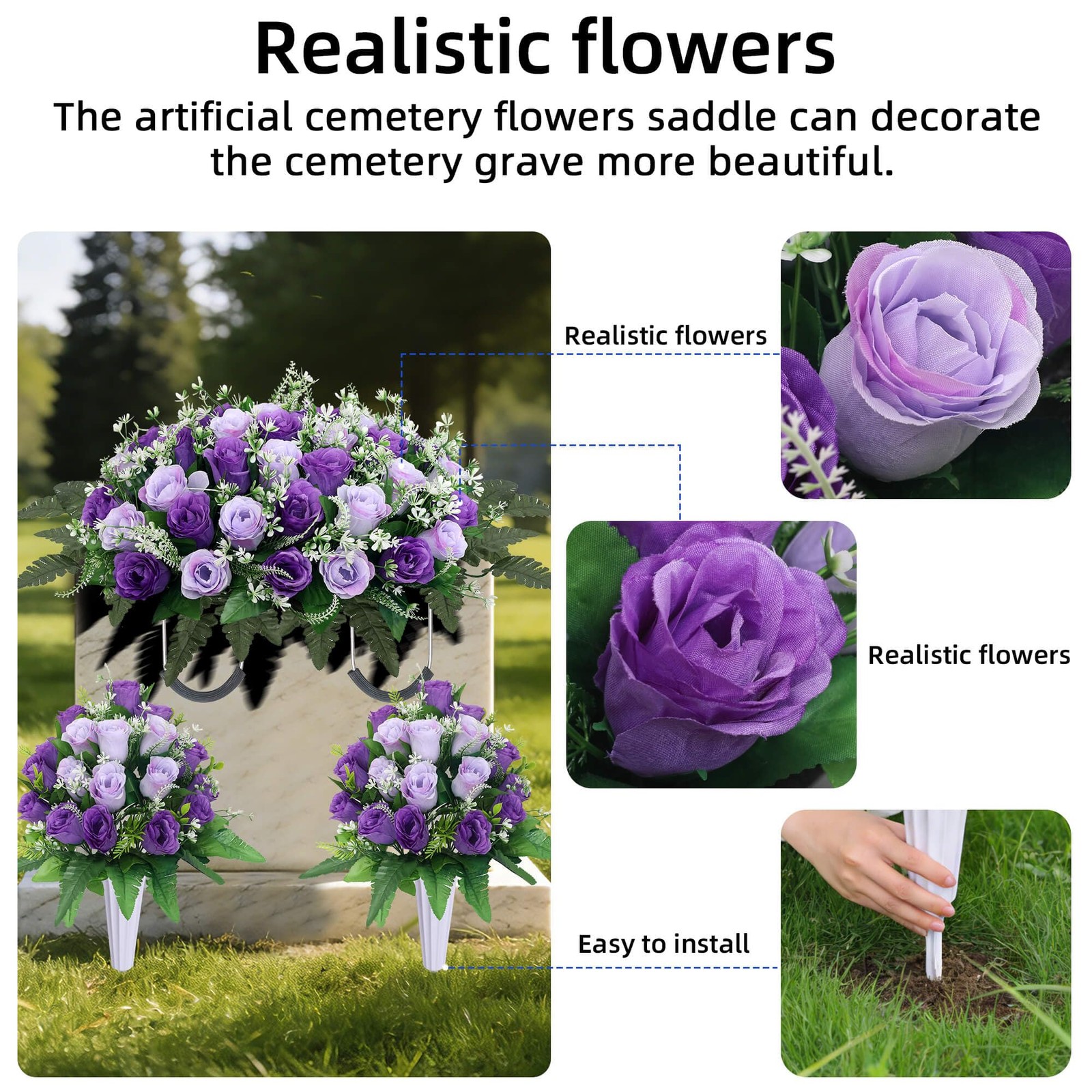 3 Sets Cemetery Flowers for Grave,Headstone Flower Saddle,Grave Memorial Flow