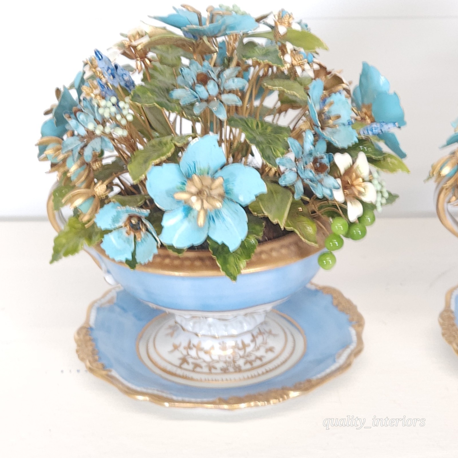 Pair Jane Hutcheson for Gorham Blue 2 Handled Teacup & Saucer Floral Arrangement