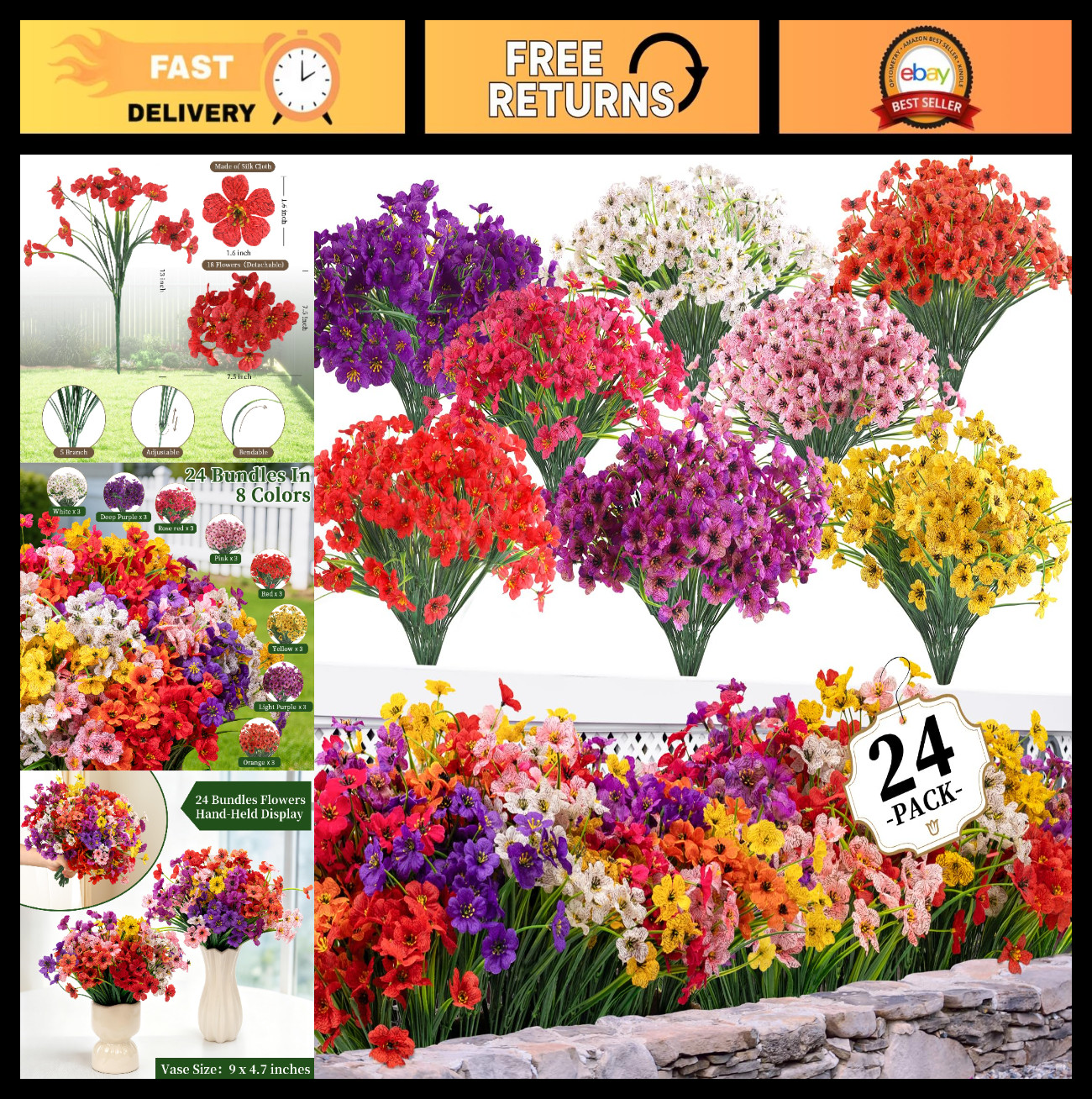 24 Bundles Artificial Flowers – Indoor/Outdoor Fake Plants for Garden, Wedding,
