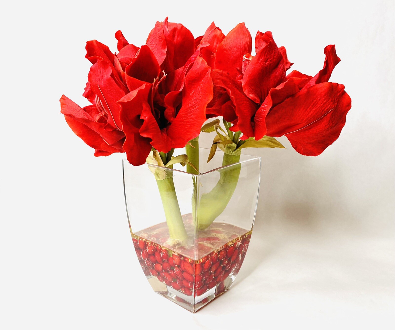 Red Amaryllis Artificial Flower Arrangement Square Glass Vase Water 15” Tall