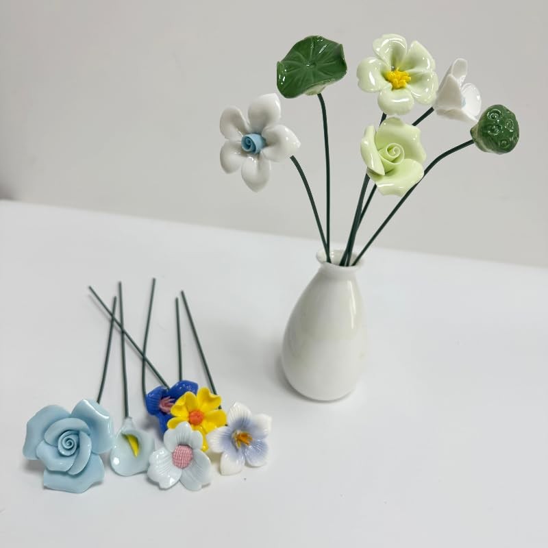 12 Pcs Handmade Ceramic Flowers Decor,Porcelain Flower Plant stakes for Outdo…