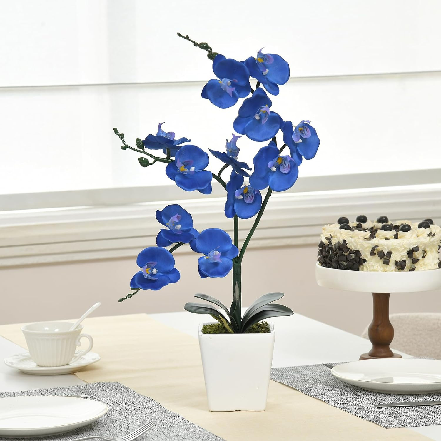Artificial Silk Phalaenopsis Orchid Flower Plant Pot Navy Blue 15 Inch