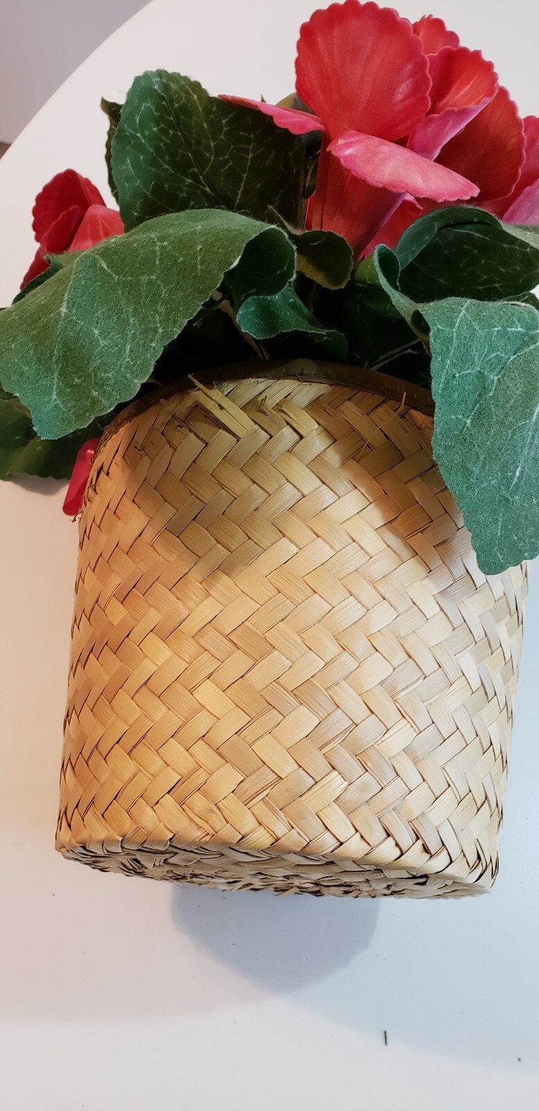 Artificial House Plant in Woven Basket Pink Flower Blooms Floral Decor Unusual