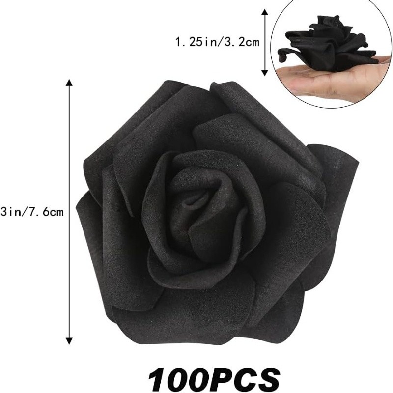 100Pcs Black Artificial PE Rose Flower Heads Foam Roses for Wedding Craft Decor
