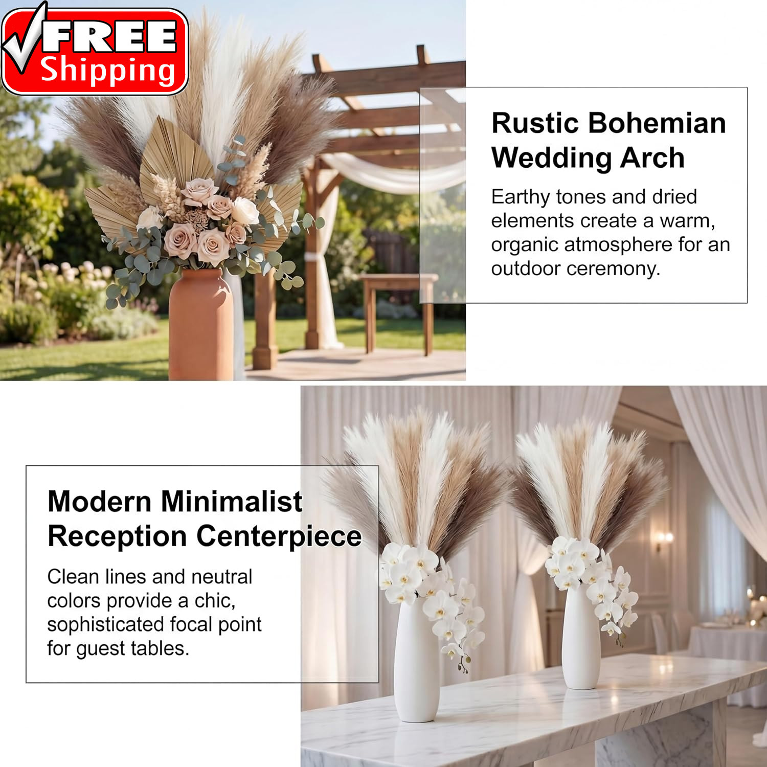 Pampas Grass Decor 21.7 Inch 30Pcs, Faux Pampas Grass White Beige Brown Ultra Fl
