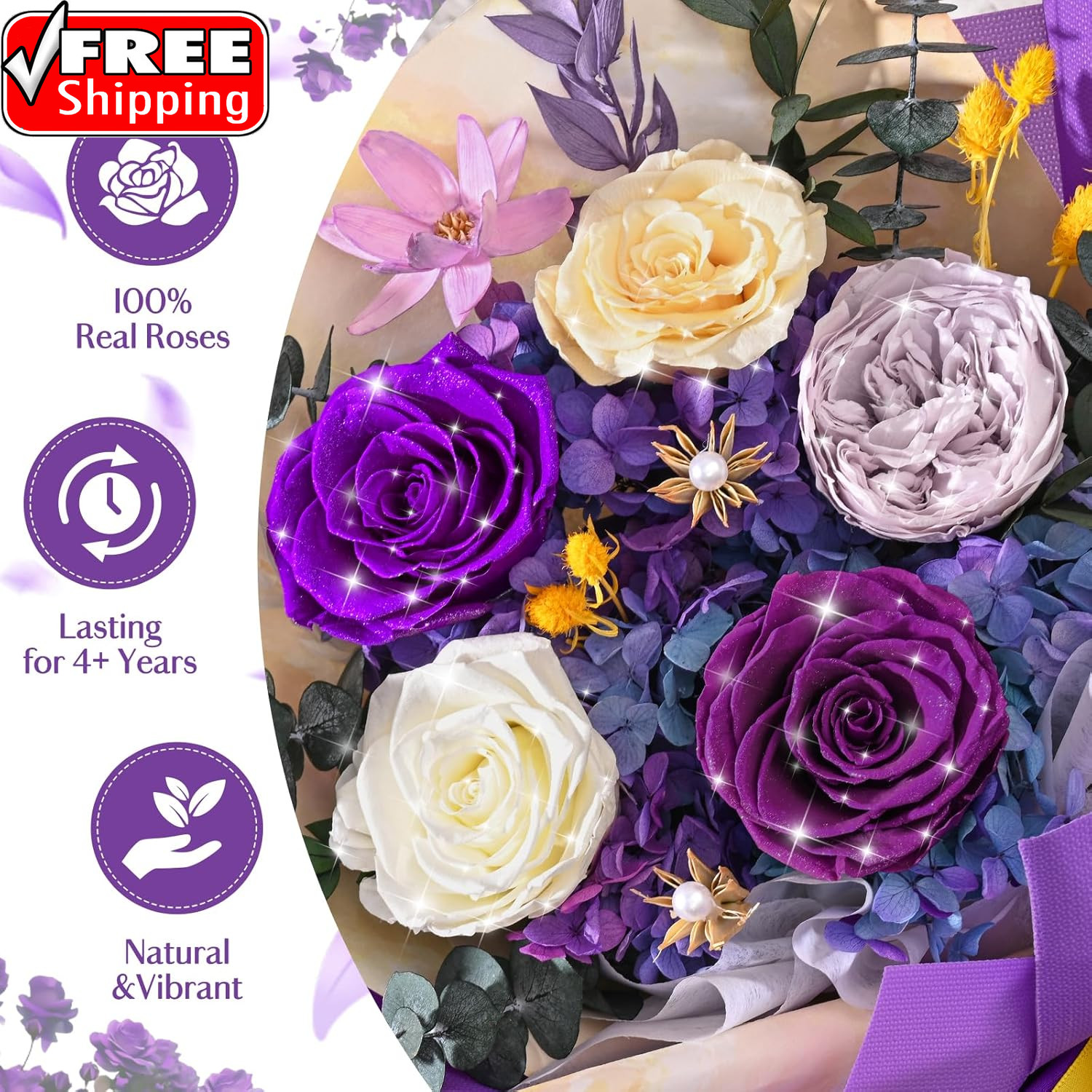 5 Pcs Glitter Purple Preserved Roses Flowers Bouquet, Forever Rose Flowers for D