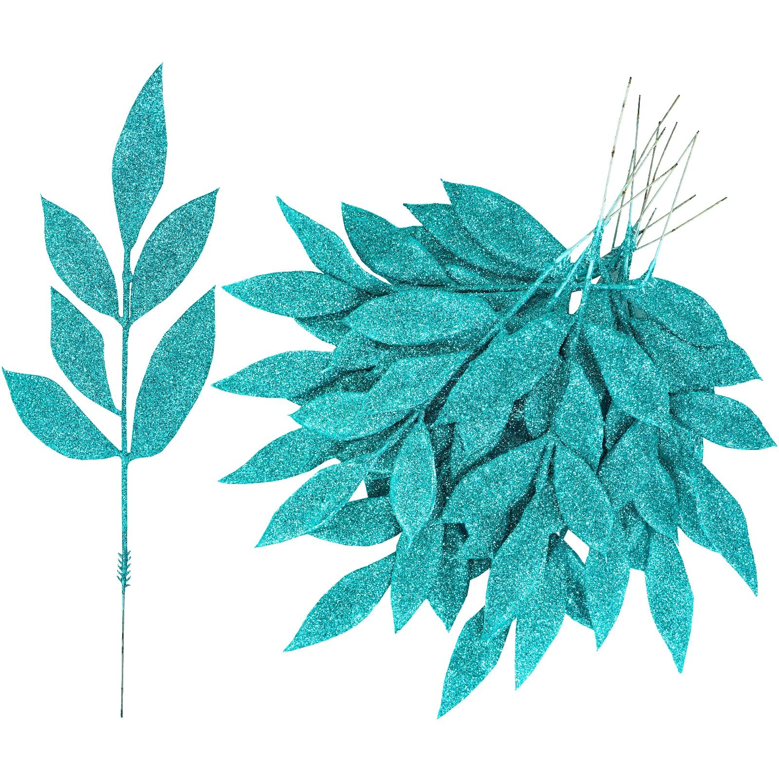 40 Pcs Teal Glitter Bay Leaf Sprays Artificial Christmas Tree Picks Sprays 12…