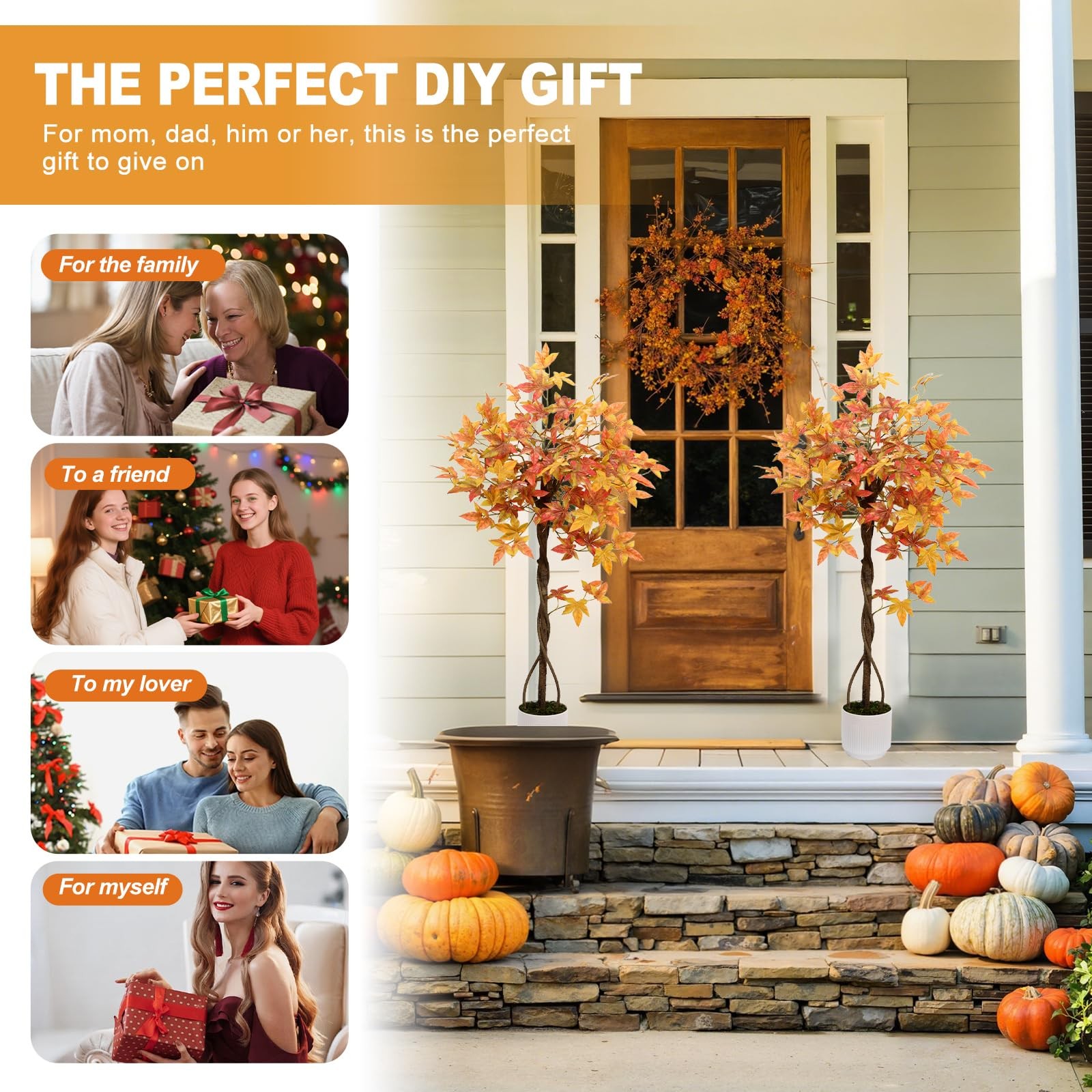 Artificial Maple Tree, 4FT Orange Potted Fake Plants Autumn Decoration Fall T…