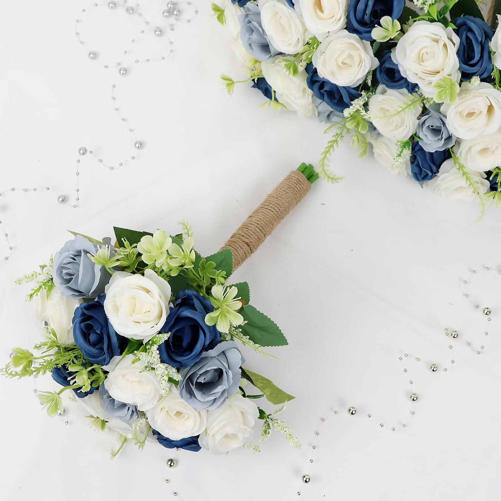 Bridesmaid Bouquets Wedding 7 Inch, Artificial Flower Navy Blue Dusty White