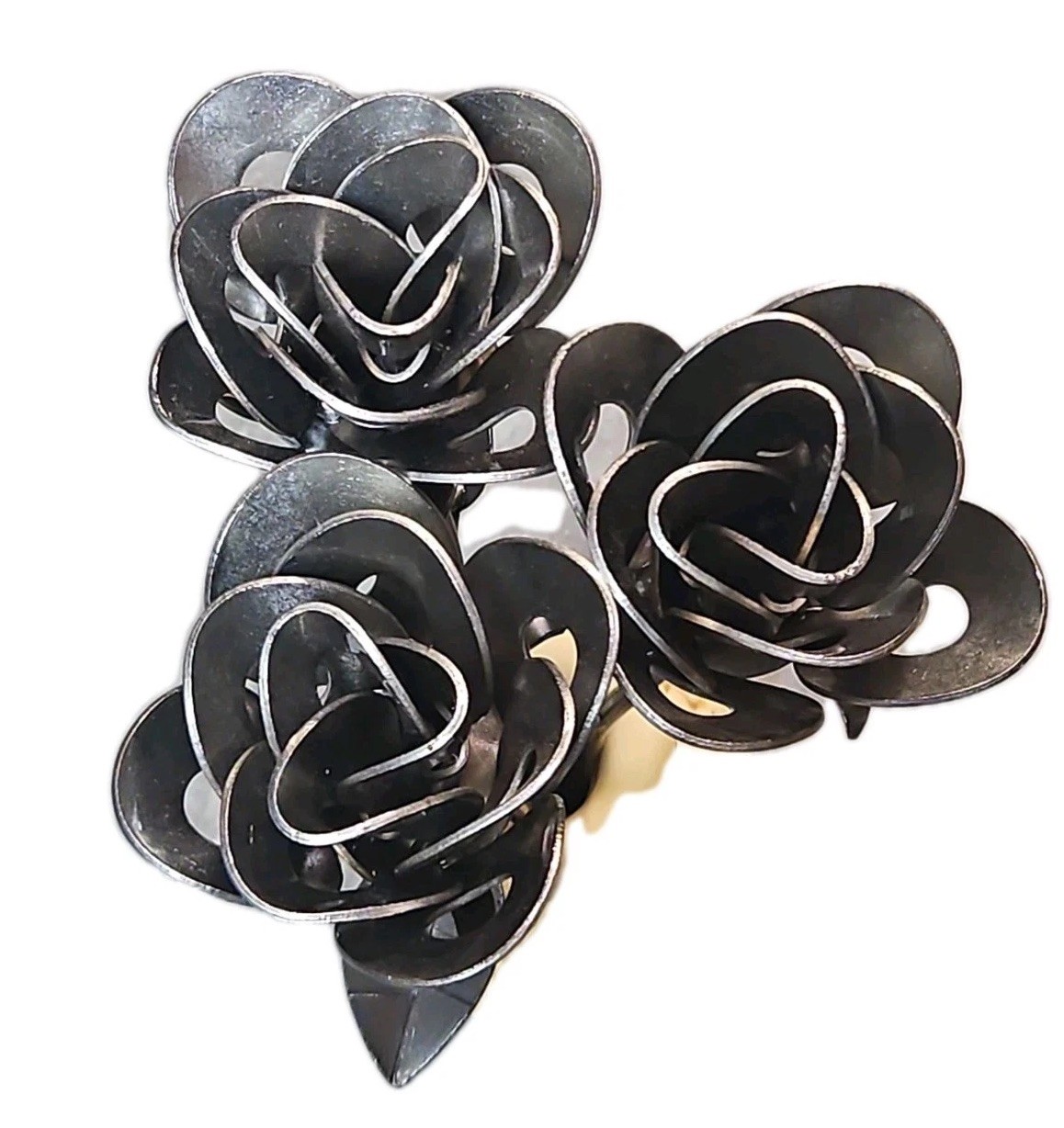 Handmade Metal Rose Sculptures Set of 3 Black Stainless Steel Floral Decor 12 in