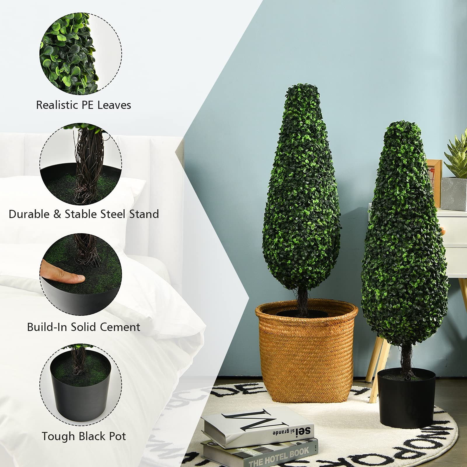 3ft Artificial Boxwood Tower Topiary Trees, 2 Pack Faux Decorative Plants in Pot