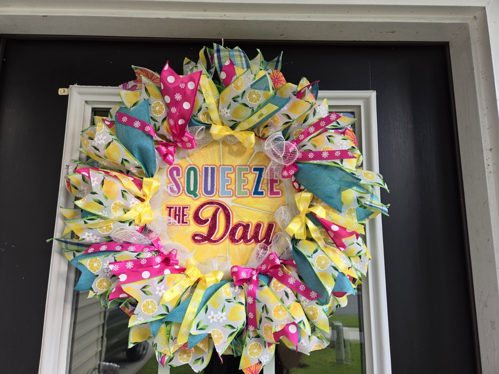 WREATH SQUEEZE THE DAY Spring SUMMER Fall Front Door Wall Decor BIG bright every