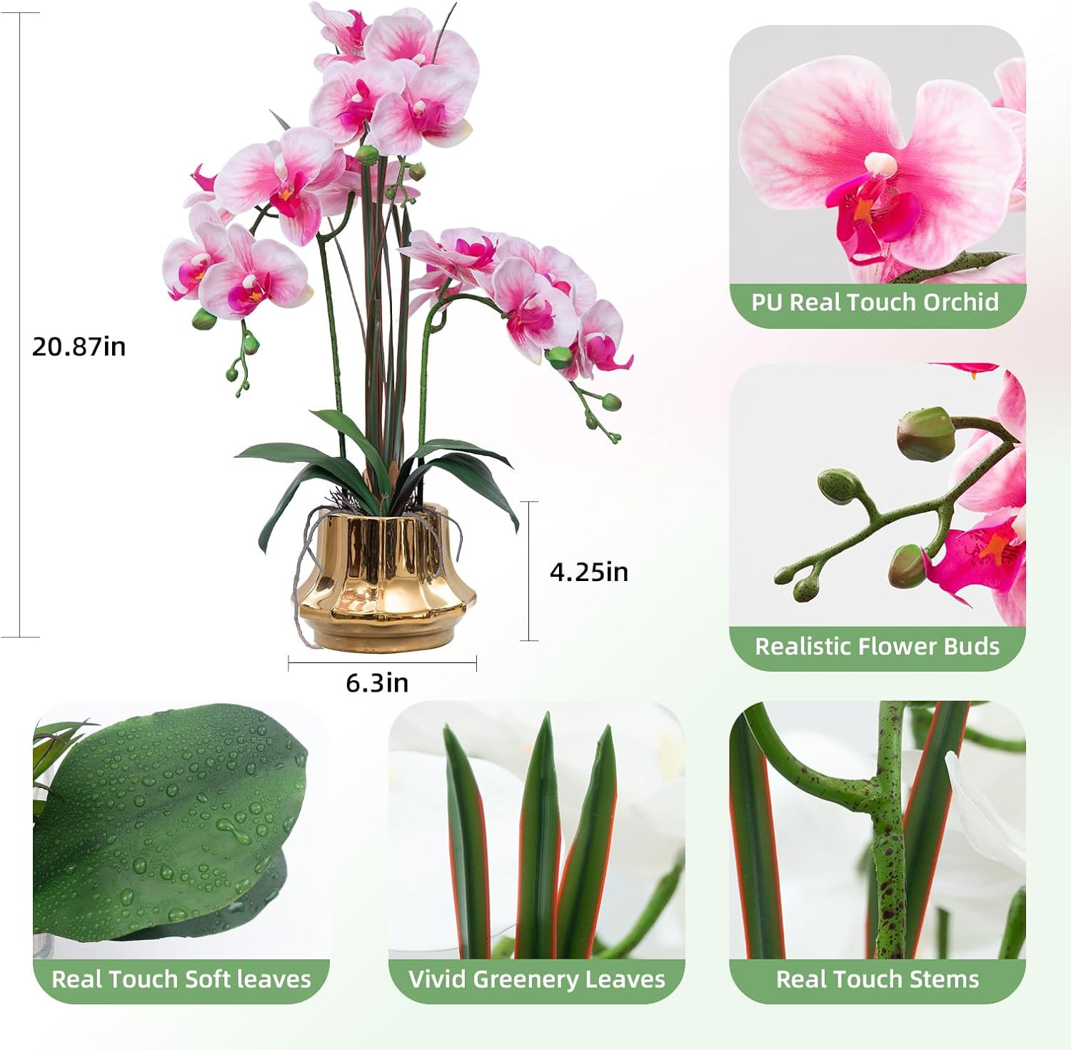 Artificial Orchid Flower Plant 20.9” Realistic Latex Faux Orchids in Ceramic Va