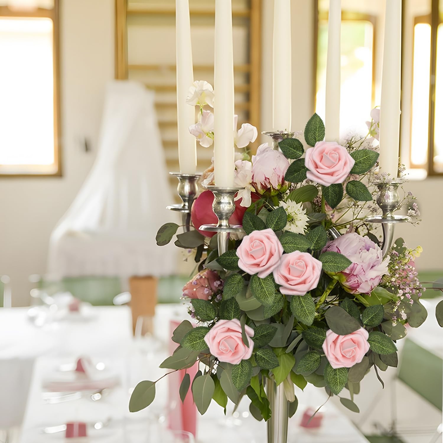 100 PCS Light Pink Real Looking Foam Artificial Fake Roses Wedding Bouquet
