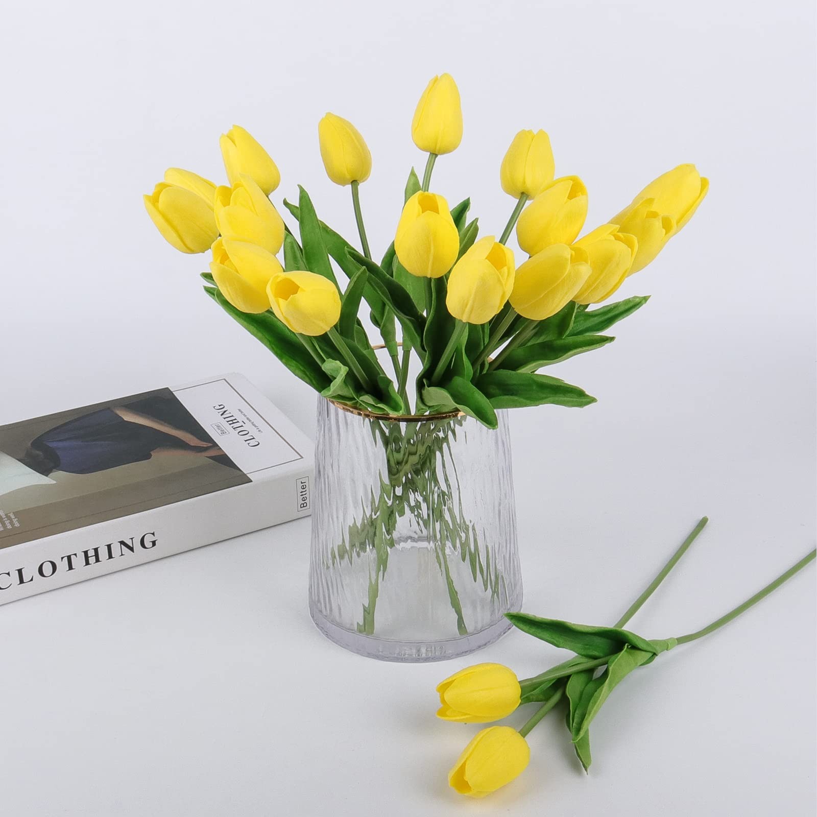 18 PCS Tulips Artificial Flowers Faux Real Touch Bouquets Spring Easter Yellow