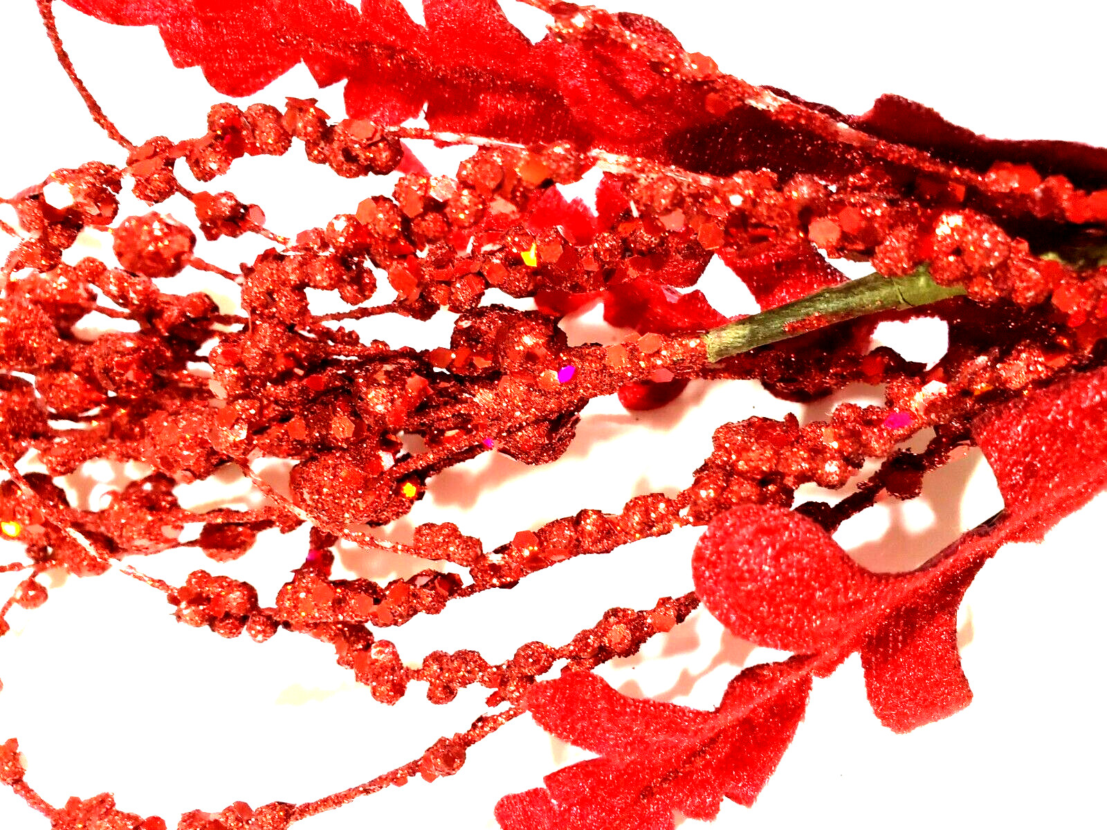 Red Glittered Velvet Leaf & Ball Picks Very Glittery 18″ Tall Set of 7