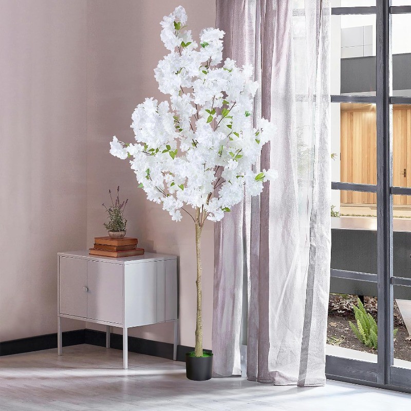 6Ft Tall White Artificial Cherry Blossom Tree,Faux Tree with Plastic Nursery Pot