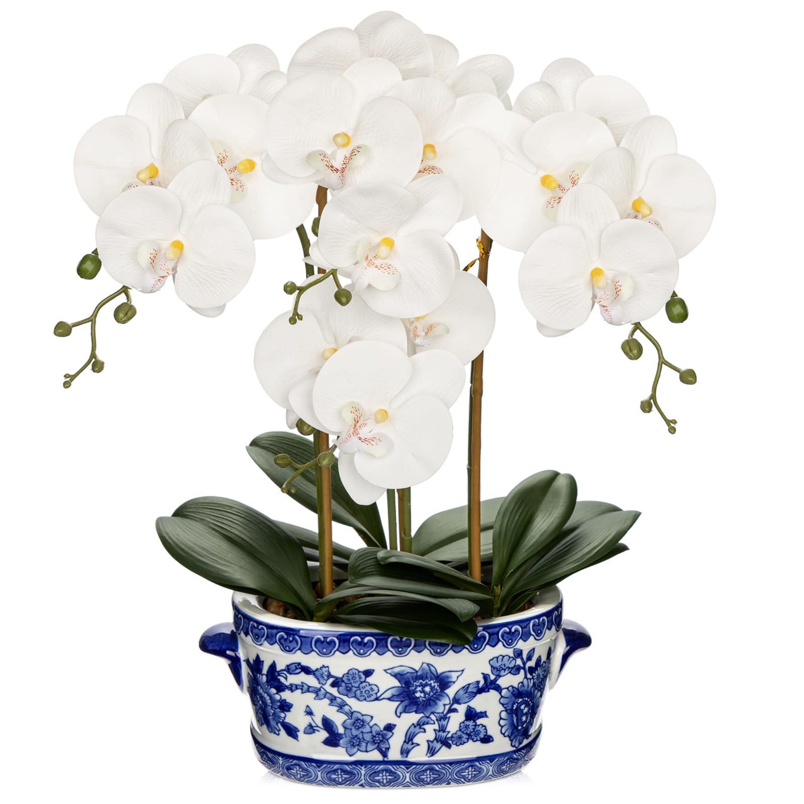 Orchid Artificial Flowers in Blue and White Porcelain Pot 19.7″ White Faux Si…