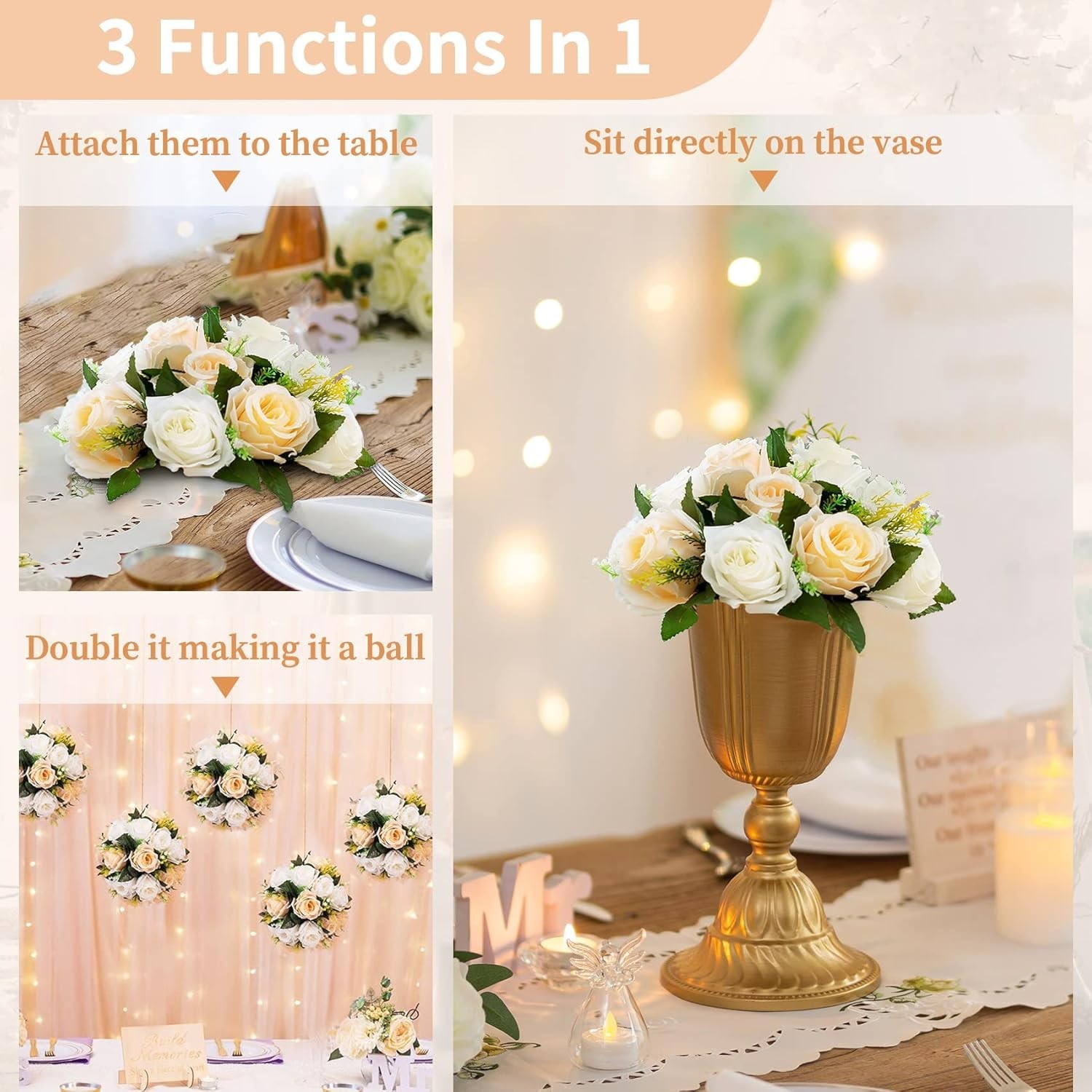 10 Pcs Artificial FLOWERS Center pieces for Tables : Peach & White Flower Ball