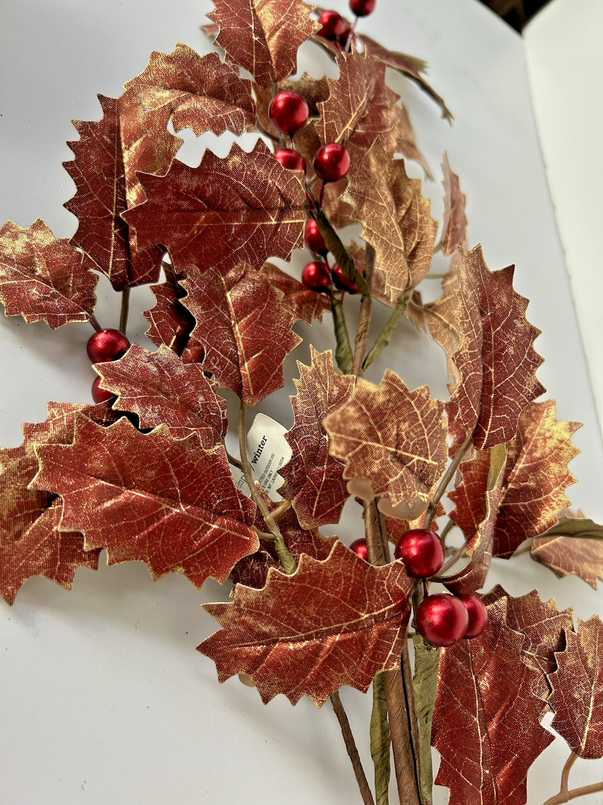 Copper Red Holly Spray 25″L Metallic Leaves Berries Stem Artificial Christmas