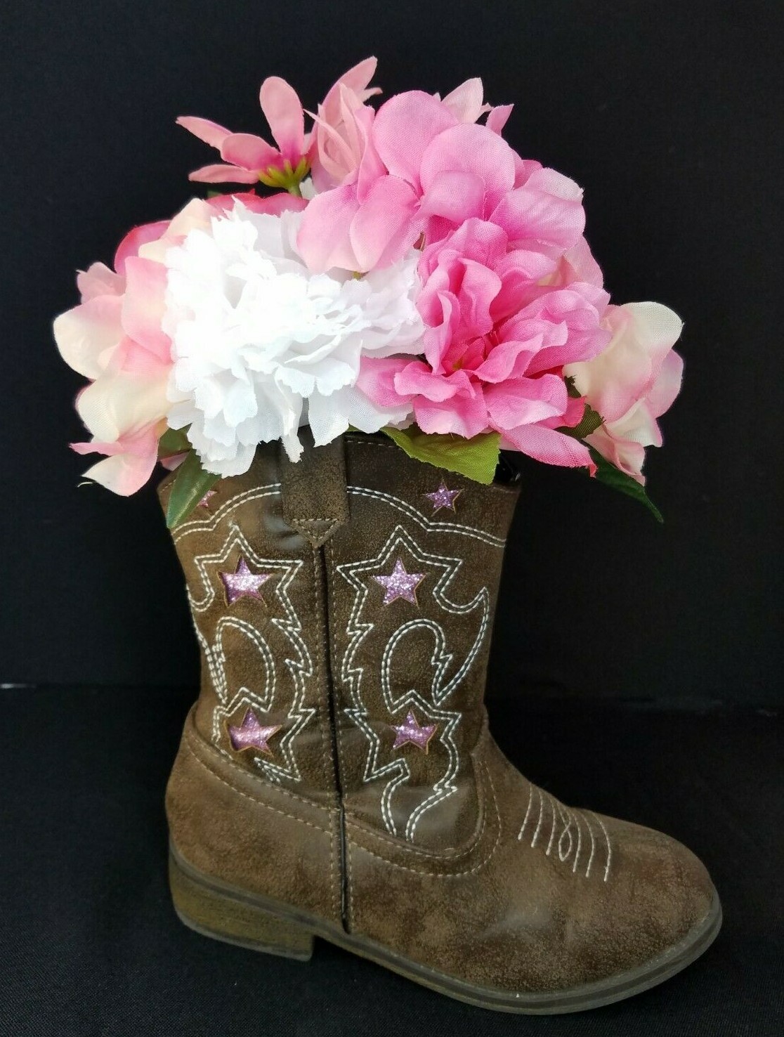 Pink Flowers In Cowboy Boots Handmade Original By Andrea Floral Décor B16-370