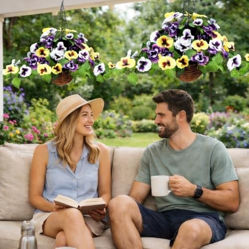 Fully Assembled Artificial Pansy Hanging Basket – Waterproof & UV Resistant