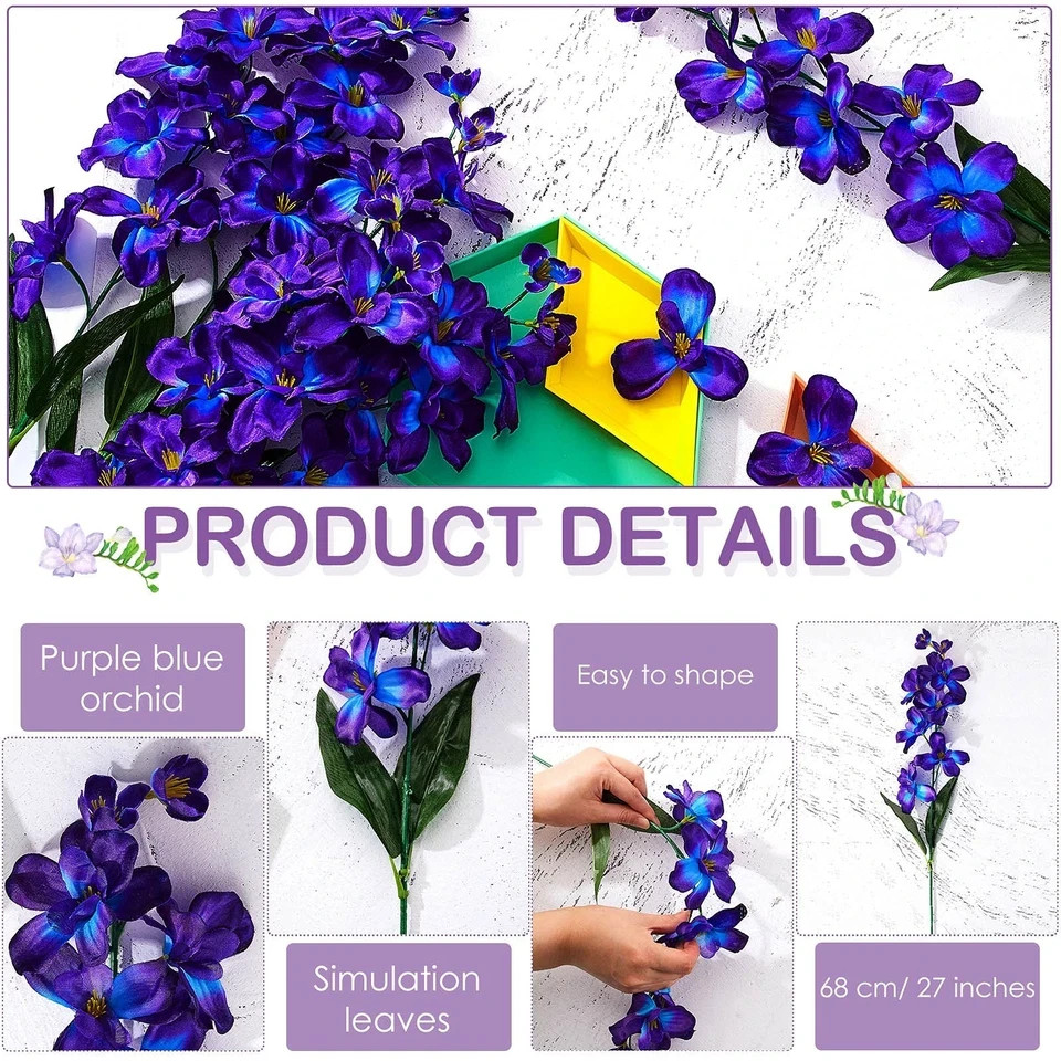8 Pieces 27 Inches Artificial Purple Blue Orchid Faux Flowers Purple Orchids Sil