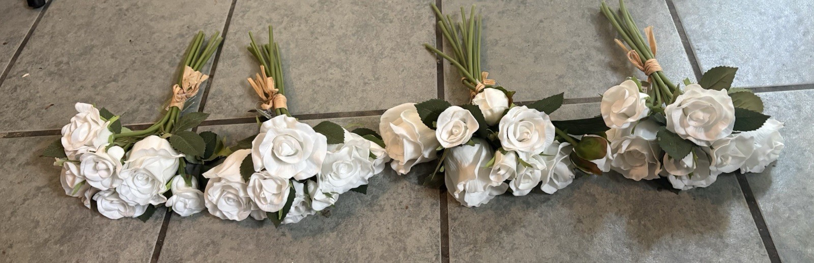 Lot of 4 Bouquets 13”Real Touch White Roses Wired Artificial Flowers Latex 34PC