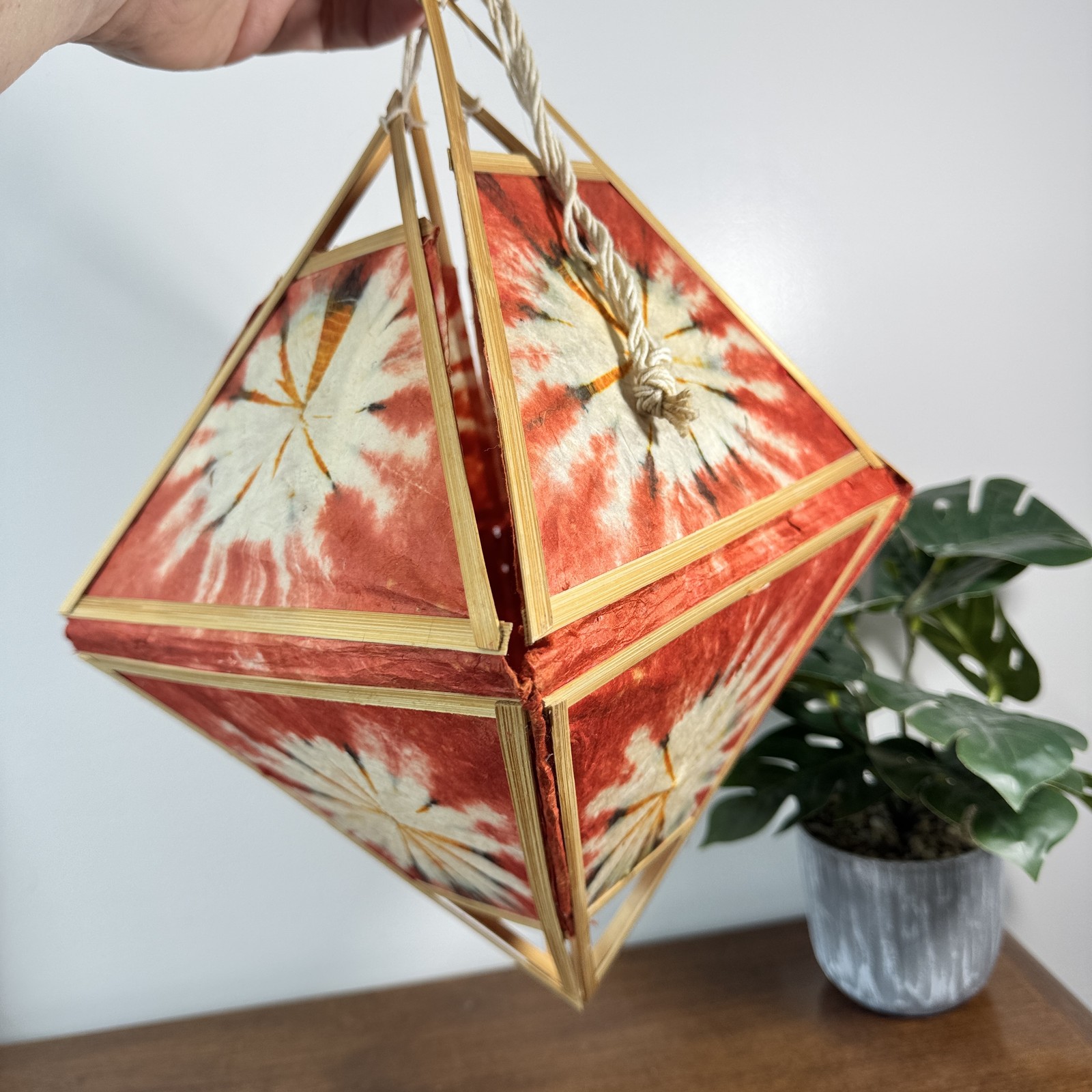 Boho Red Tie-Dye Paper Lantern Bamboo Frame Hanging Decor Collapsible