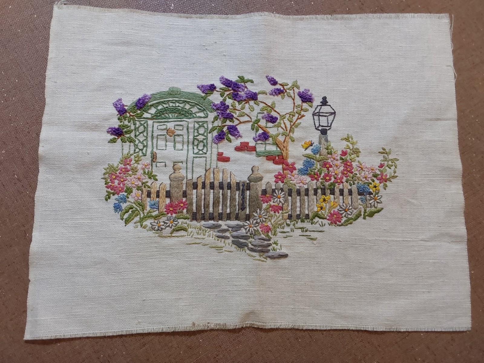 EMBROIDERED SCENE ●COTTAGE ENTRY ●Trees FENCE Florals ~15″ X 11.25″ HAND CREATED