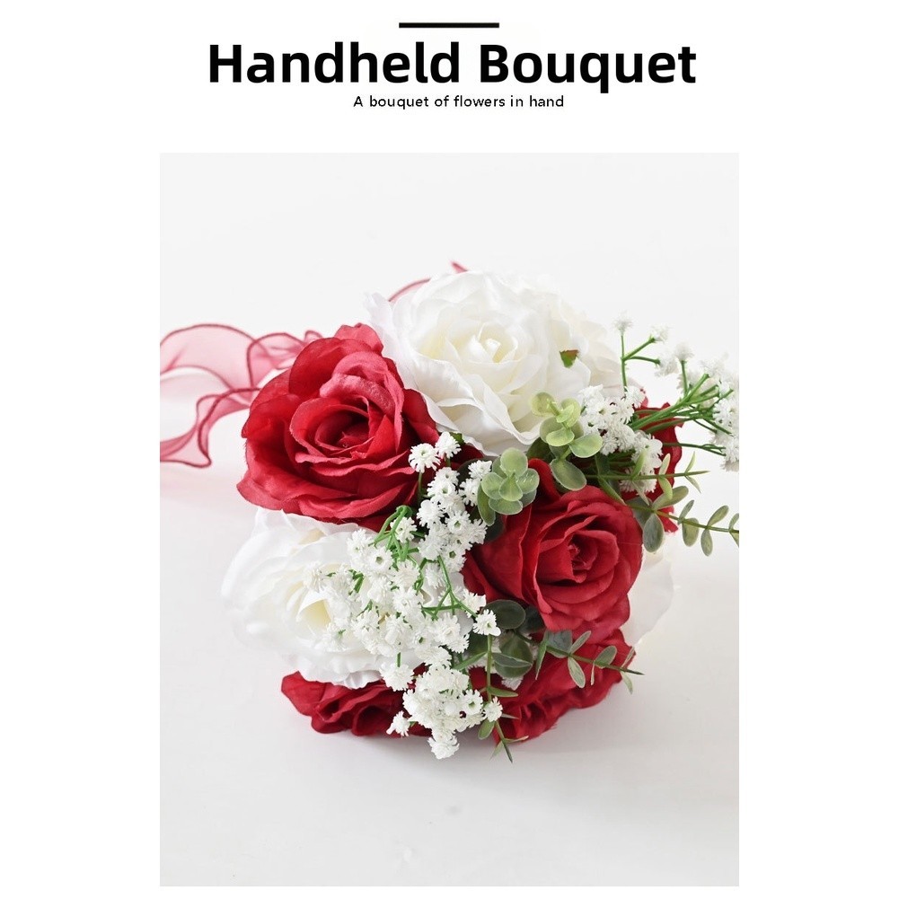 Silk Wedding Bridal Bouquet Artificial Handheld Roses with Bow Decoration