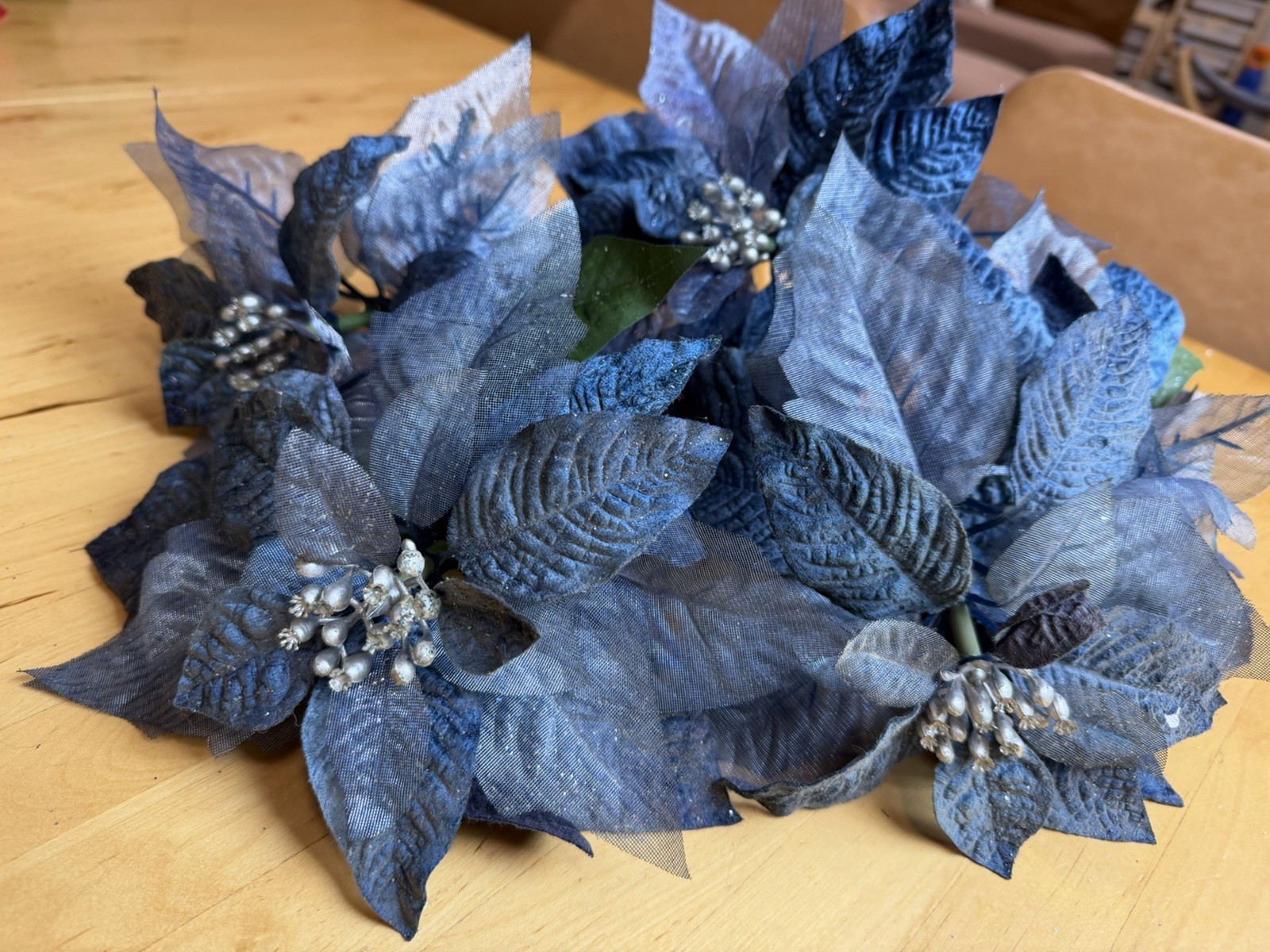 Set of 5 Navy Blue Velvet Poinsettia Stems Glitter Christmas Floral Decor 25”
