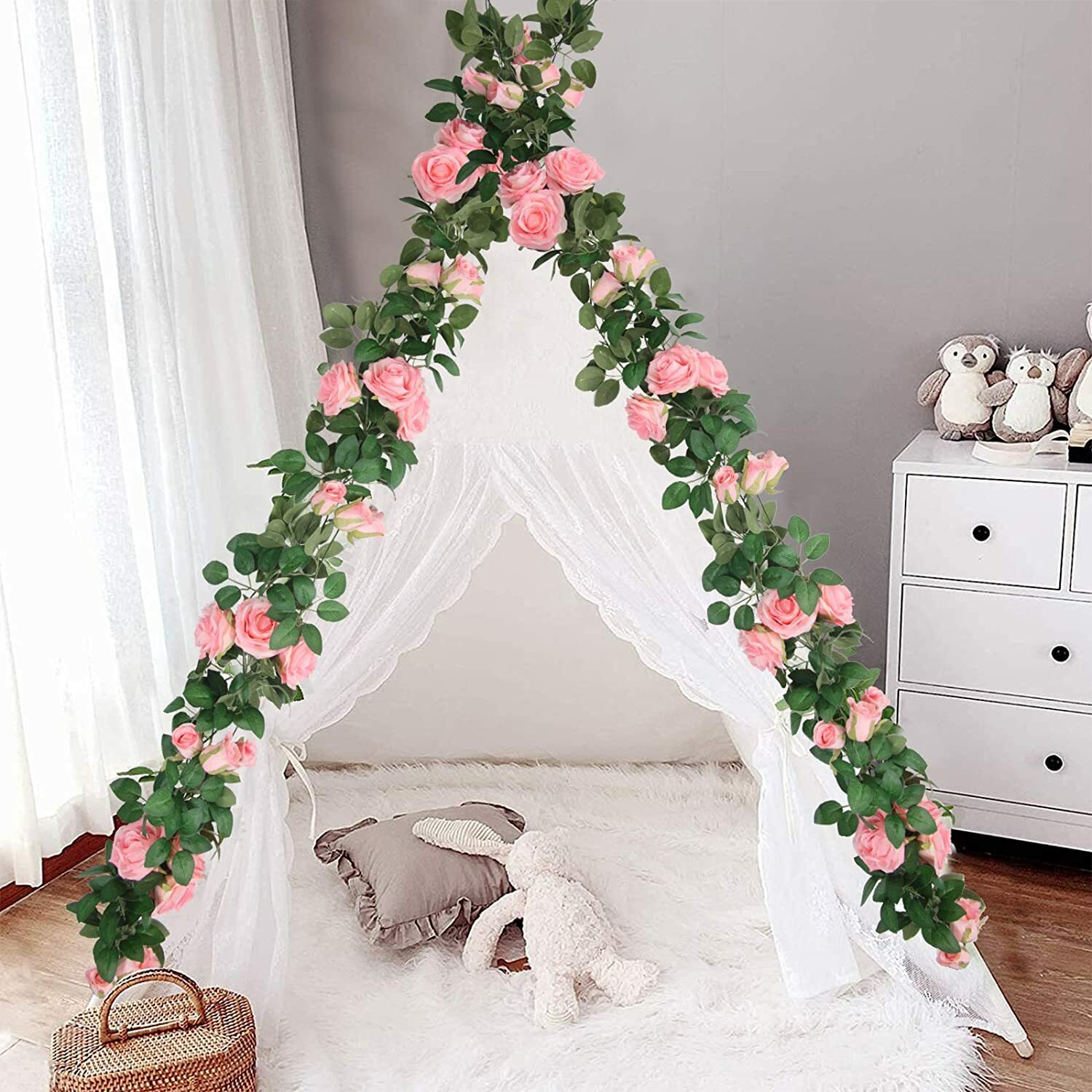 2 Pack 7.5 Ft Fake Rose Vine Flowers Plants Artificial Hanging Ivy Home Party US