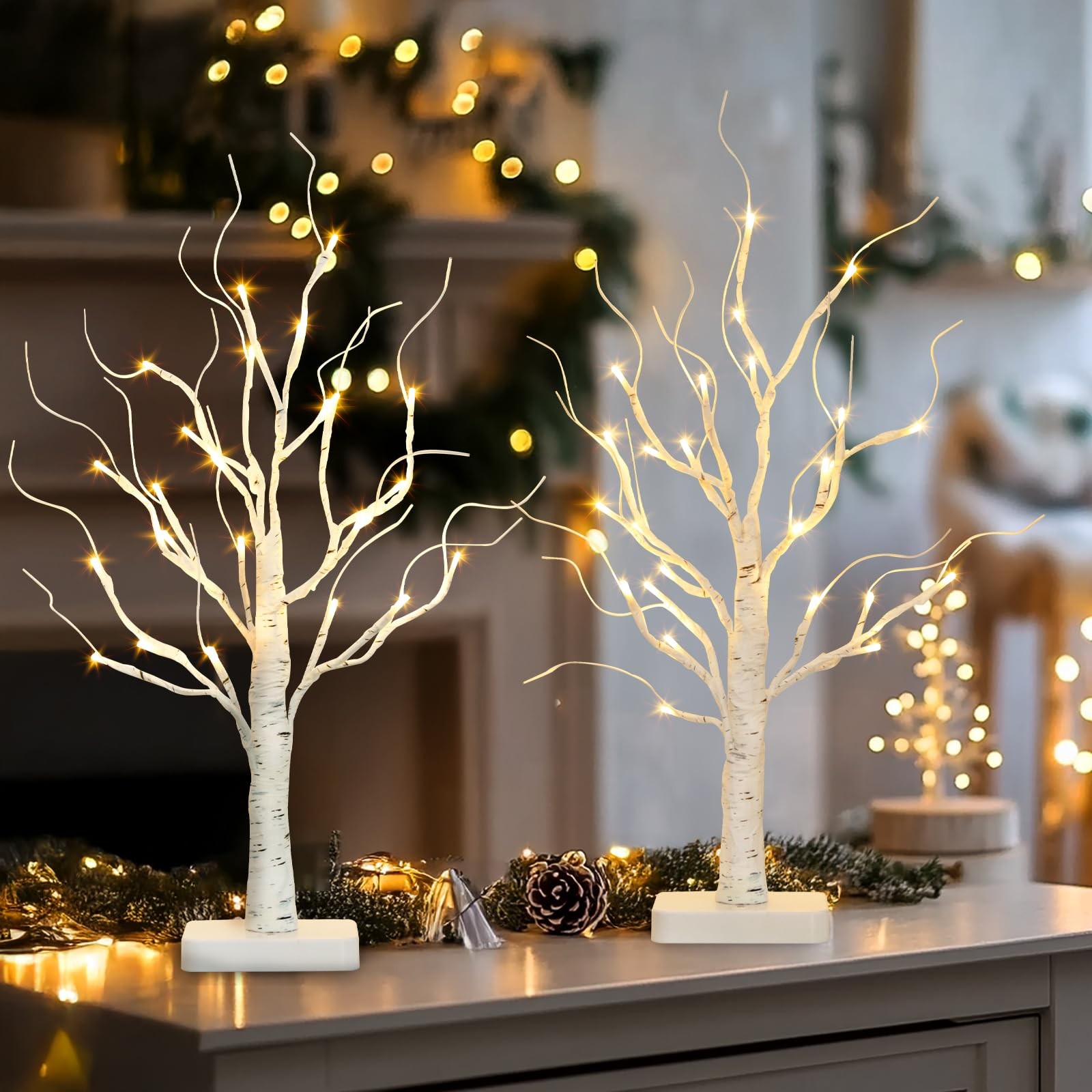 2 PCS Lighted Birch Tree 24 LED Tabletop Centerpiece Battery Timer Decor