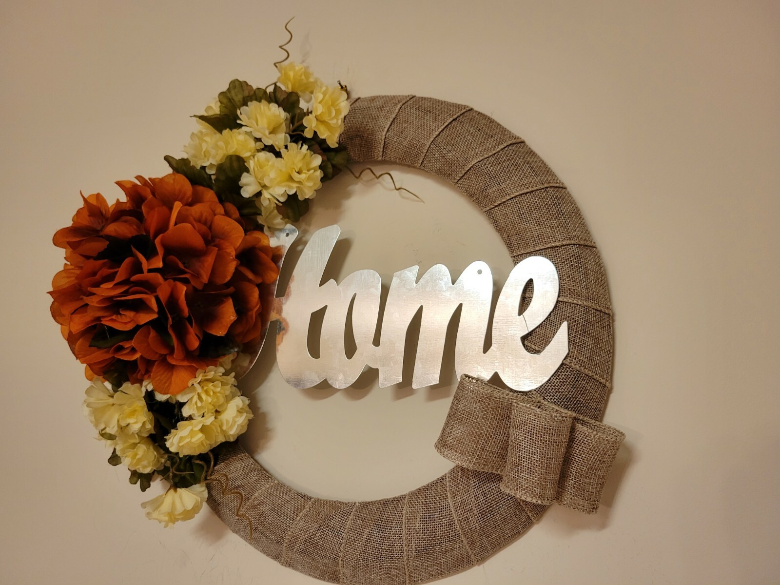 HOME Hydrangeas Mum burlap WREATH FALL autumn Decor Front Door 15″ brown orange