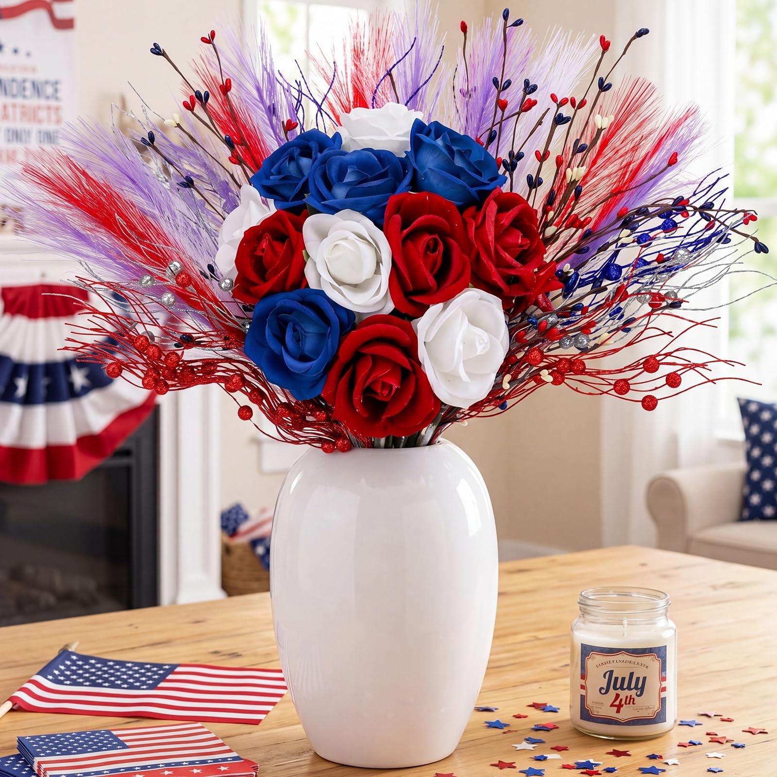 30pcs Patriotic Artificial Flower, Red White Blue Faux Roses with Star Picks …