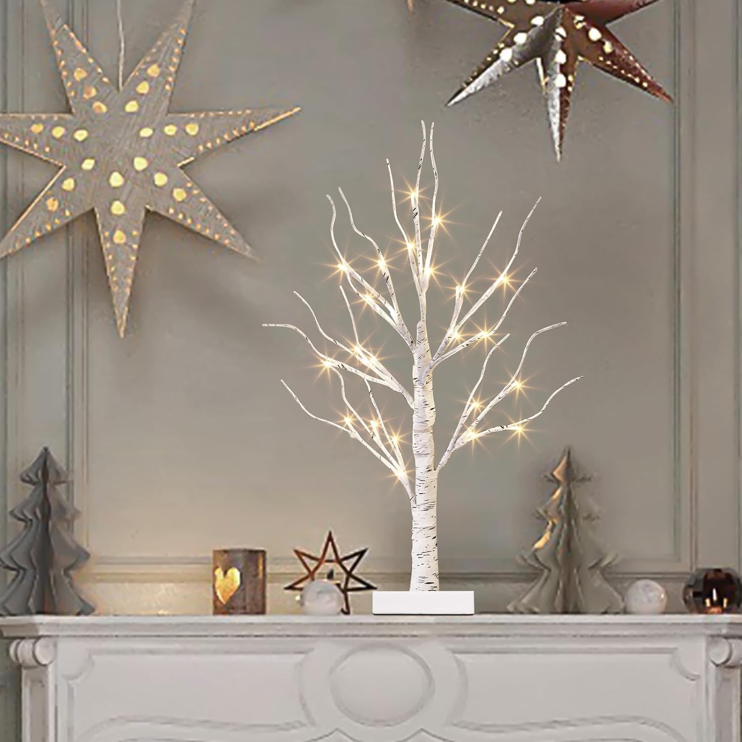 White Birch Tree with LED Lights, Prelit Artificial Tree with Timer, Centerpiece