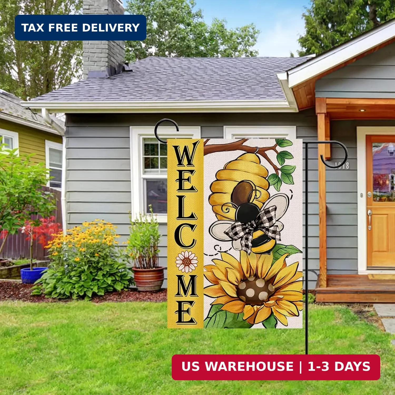 Welcome Spring Summer Bumble Bee Sunflower Decorative Garden Flag, Flower Honeyc