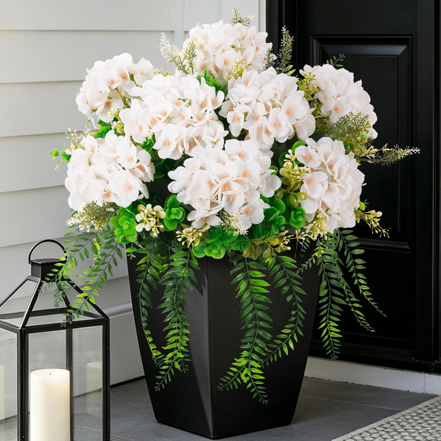 8 Pcs Artificial Hydrangea Flowers Silk White Fake Flower with Eucalyptus for Ou
