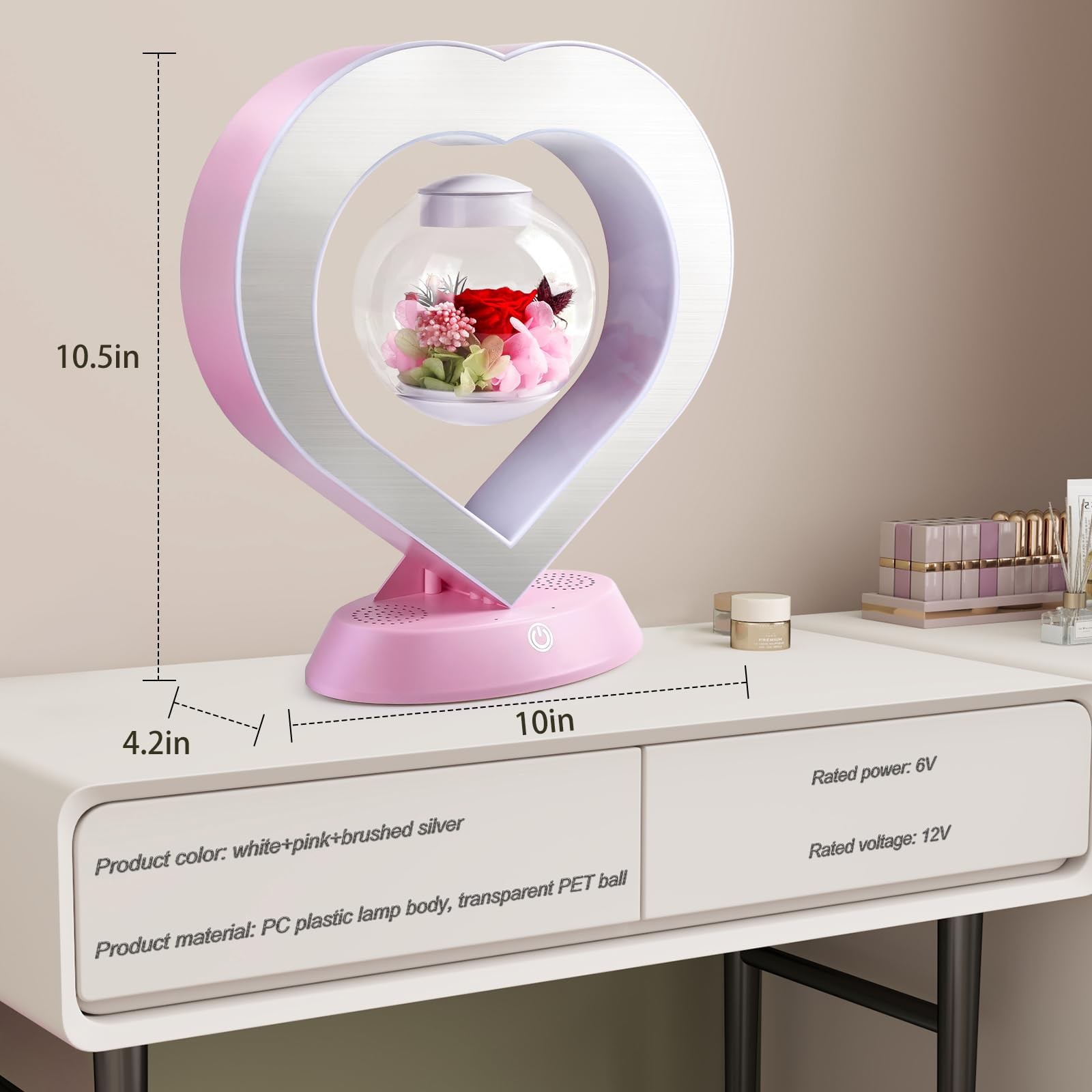 Heart Preserved Rose Flowers with Bluetooth Speakers, 5W Pink Magnetic Levita…