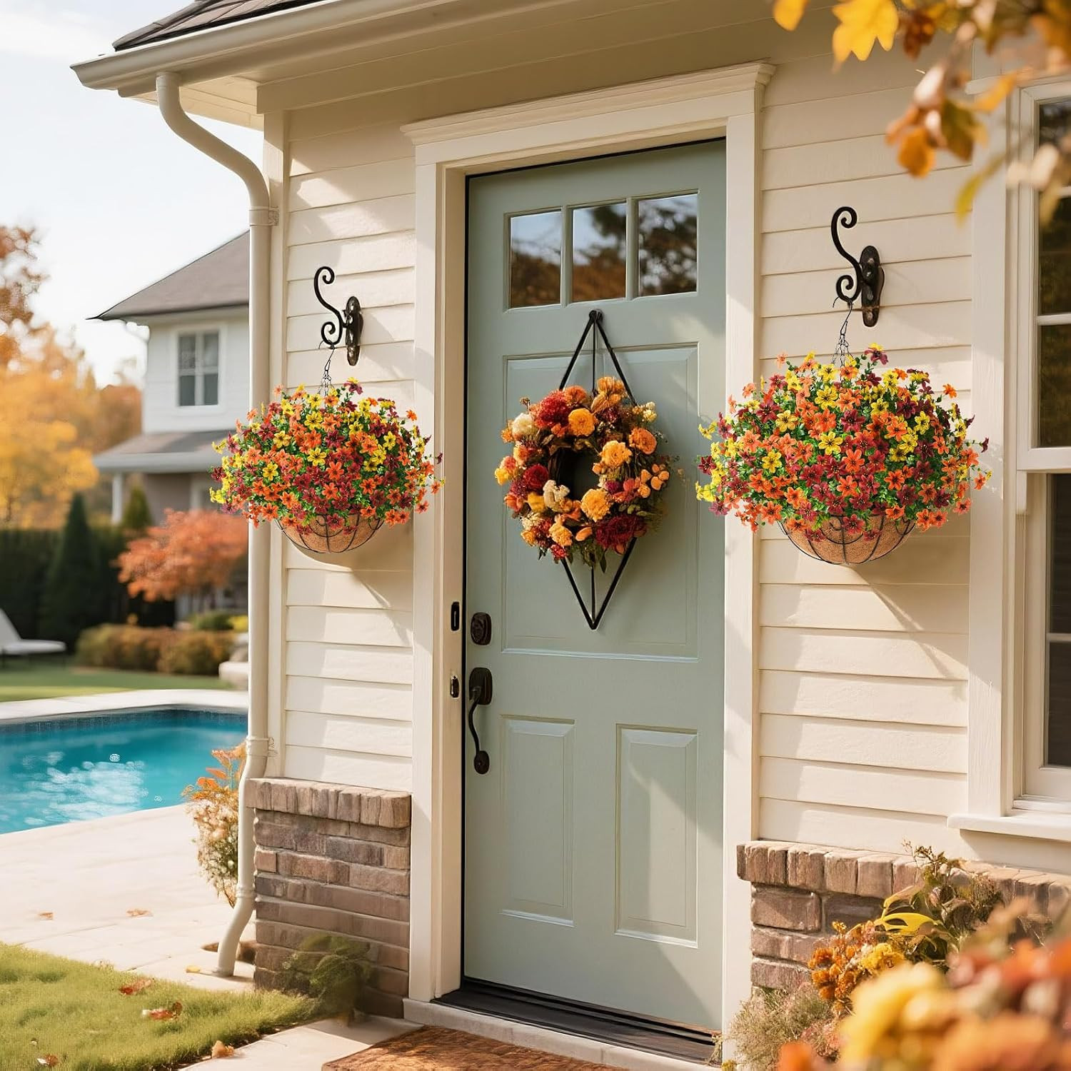 12 Pcs Faux Fall Flowers in Hanging Basket | UV Resistant Silk Daisy Decor