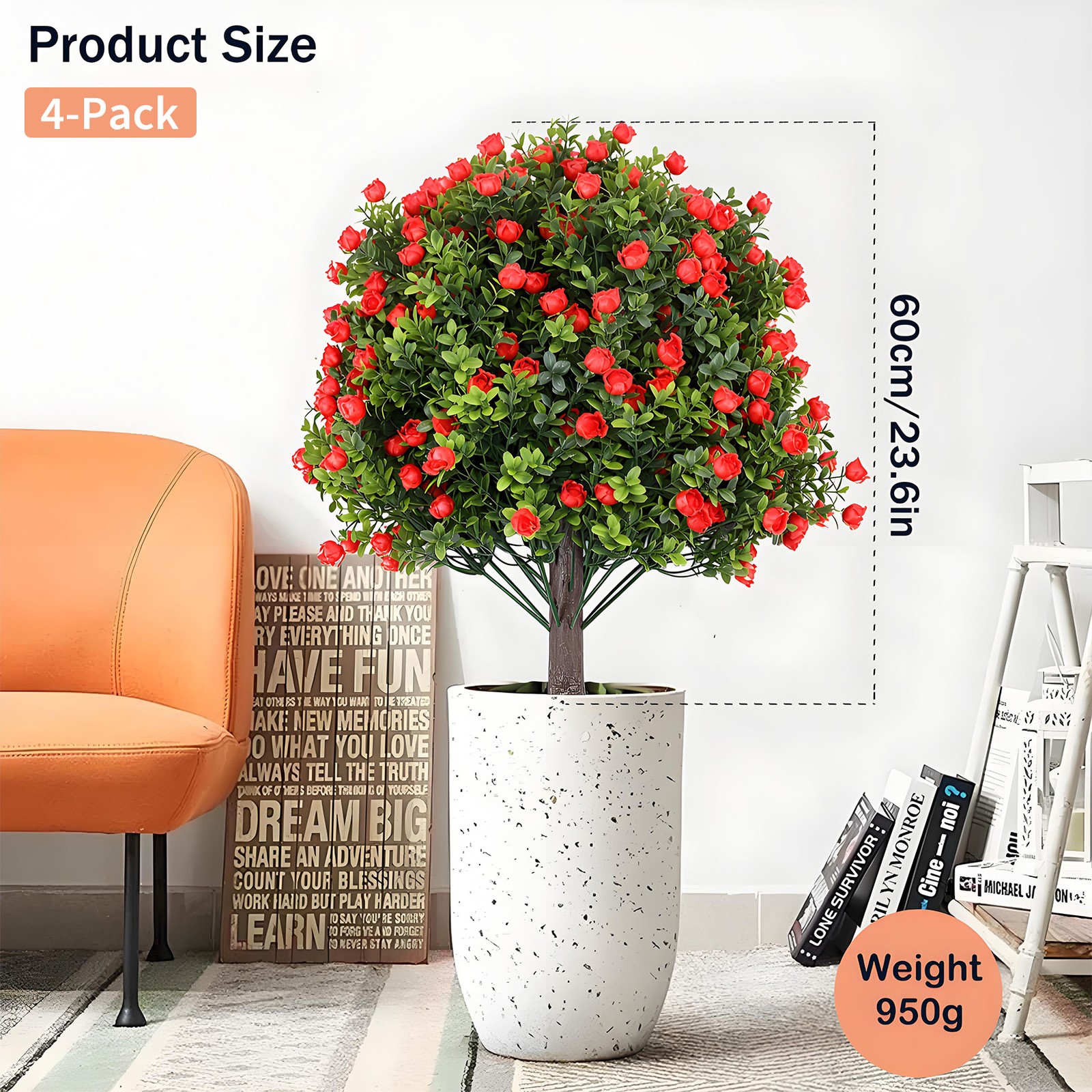 4 Pack Artificial Boxwood Rose Garden Stakes 24 in UV Resistant Outdoor Decor