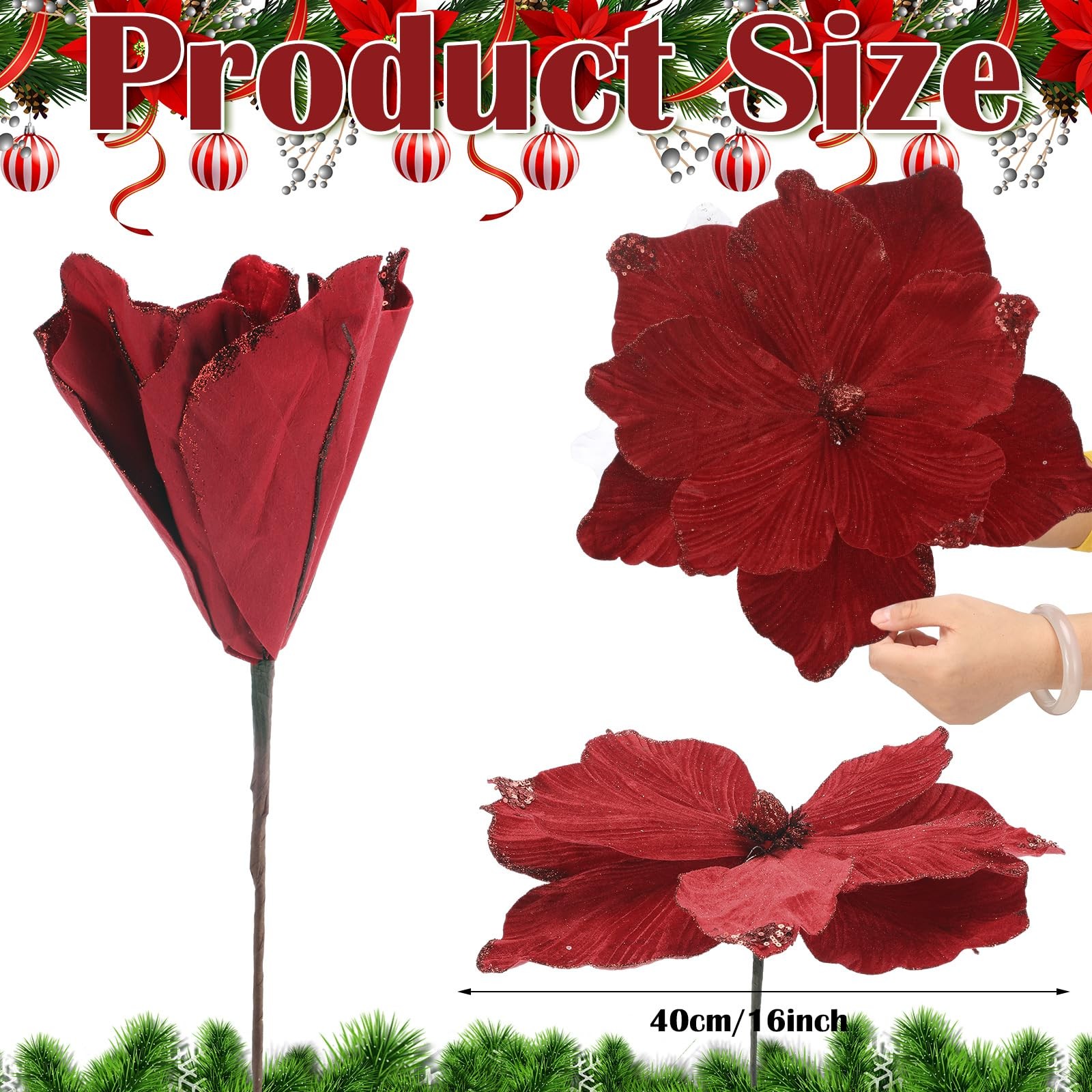 6 PCS Burgundy Large 16 Inch Magnolia Flowers Christmas Tree Decoration
