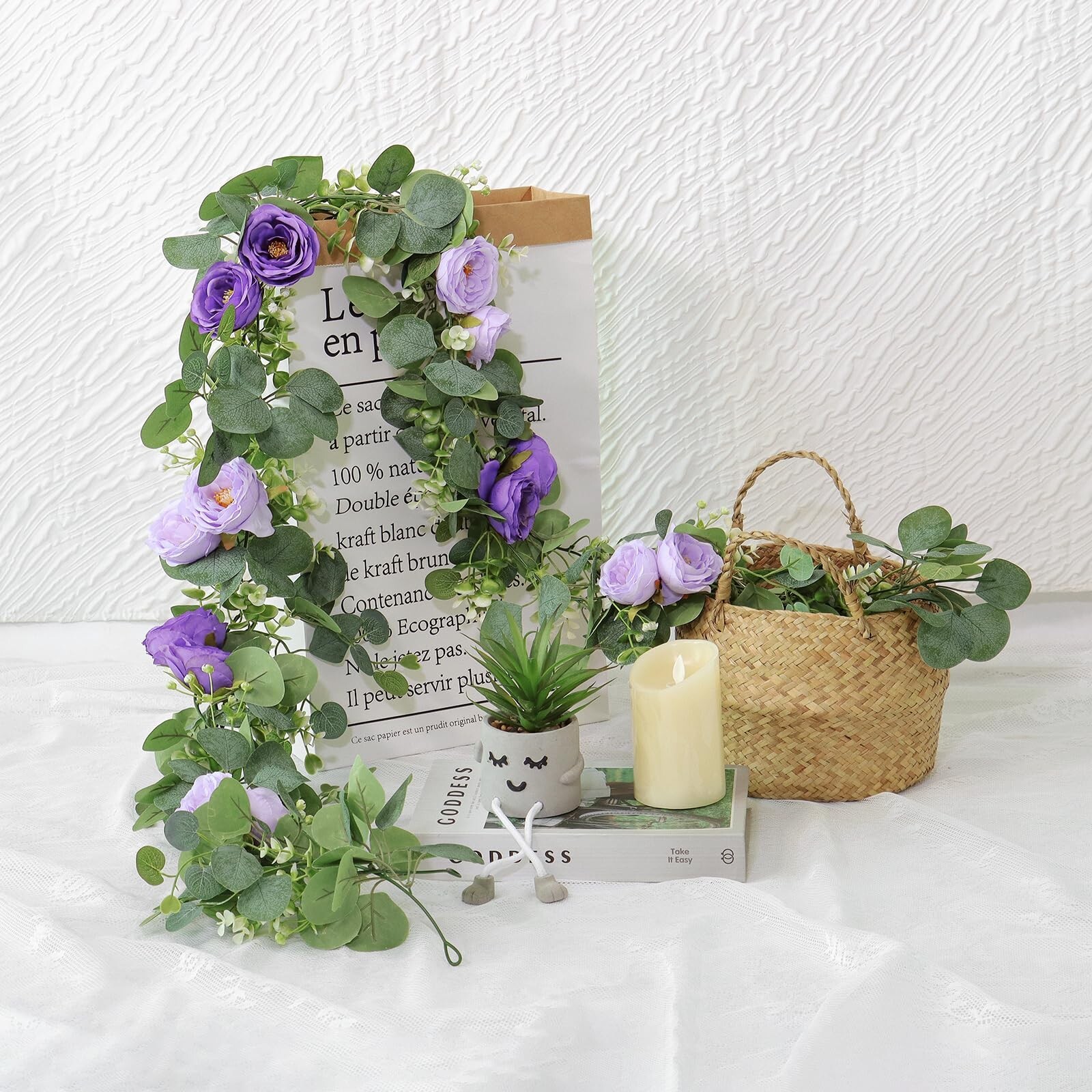 TOCHGREEN 4 Pack Artificial Eucalyptus Flower Garland with Purple Roses, Fake…