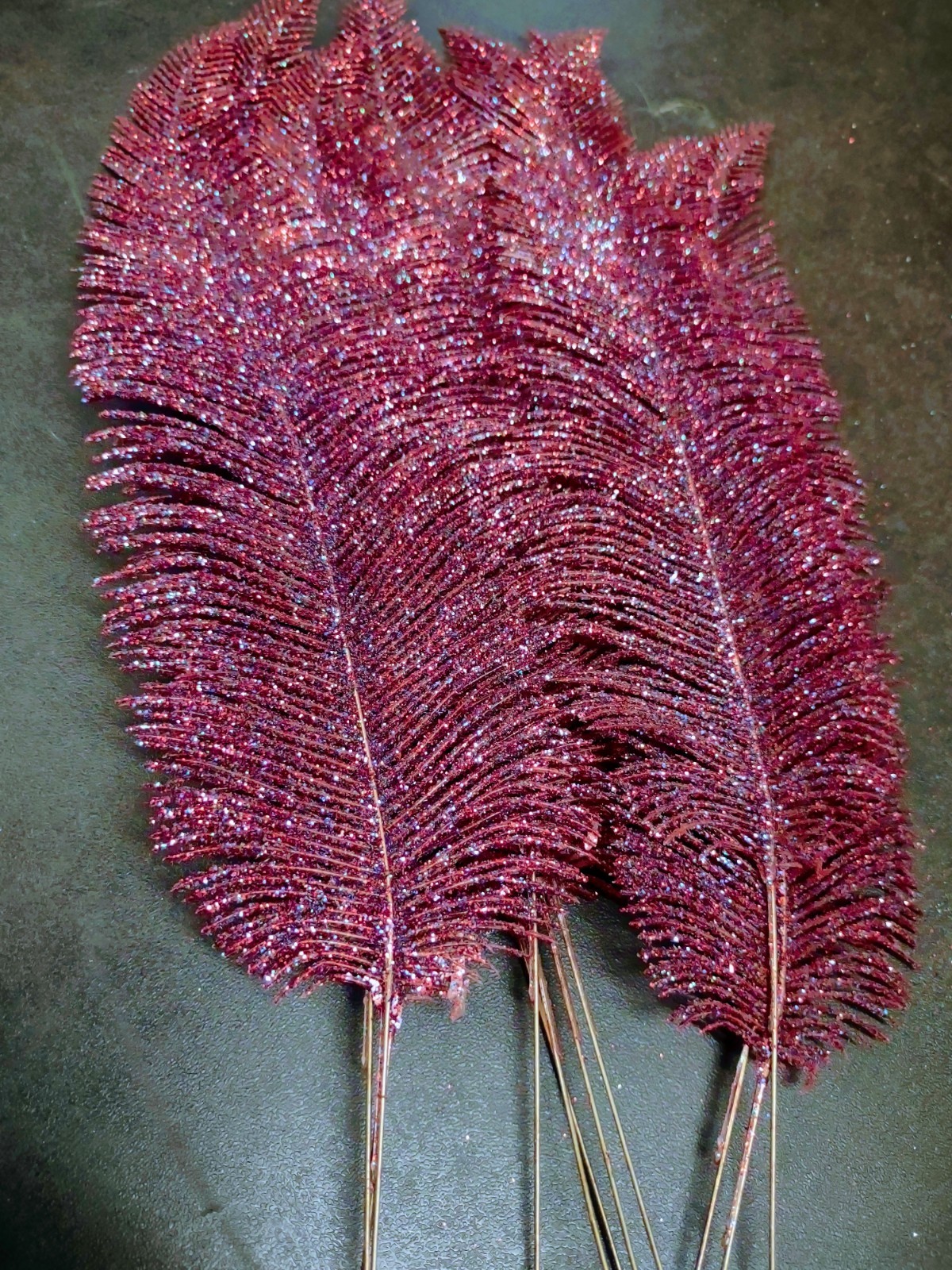6 Pieces: Retro Plastic Feather Fern, Purple Red & Blue Glittered, Wired 15″