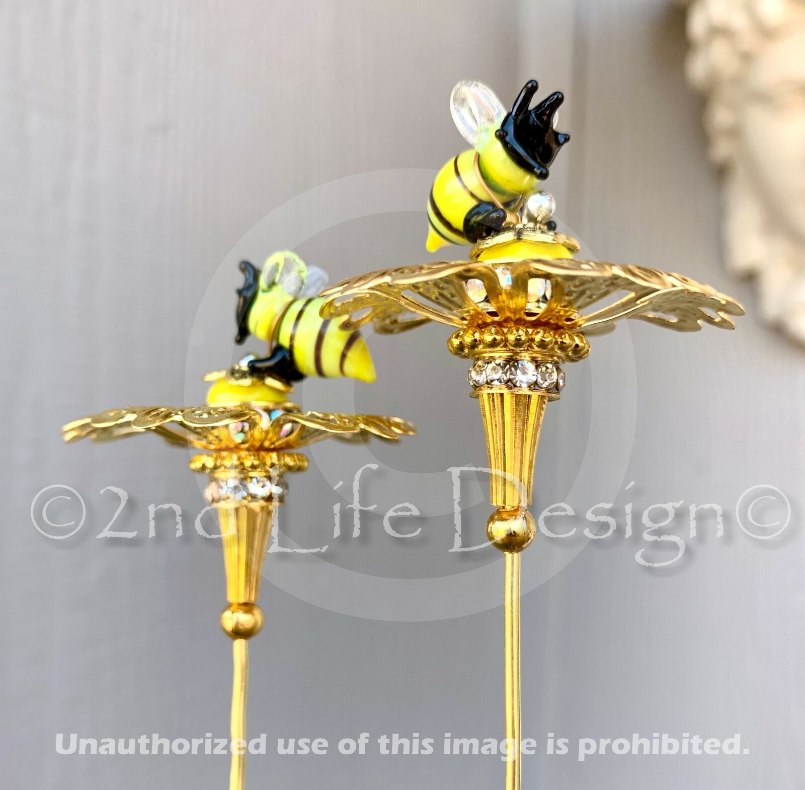 Glass Honey/Bumble Bee Gold Flower Decor Plant Stake/Spike Exquisite US HANDMADE