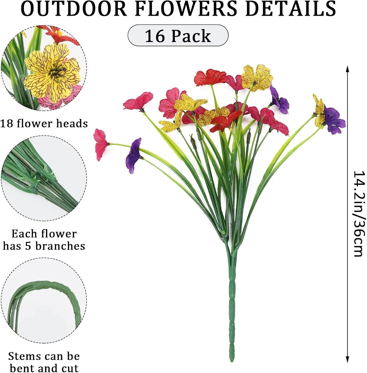Artificial Flowers for Outdoors 16 Bundles Realistic Faux Plants UV Resistant