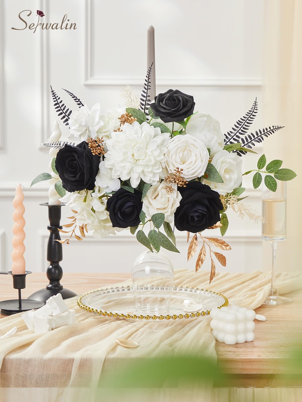Black Artificial Flowers, White Roses Silk Fake Flowers for DIY Wedding Brida…