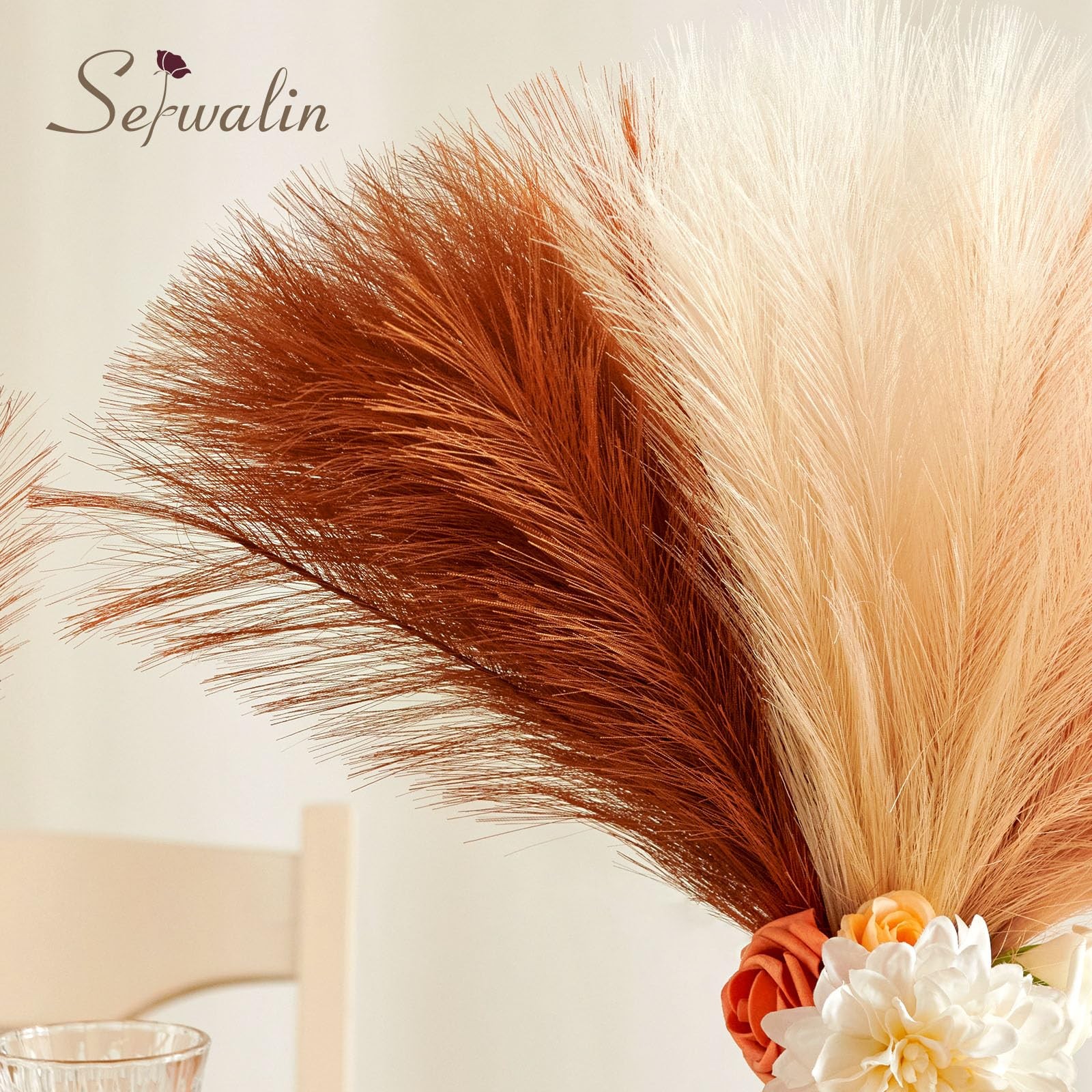 60 PCS Orange Pampas Grass Decor 17.7 Inch Fall Artificial Faux Vase Filler
